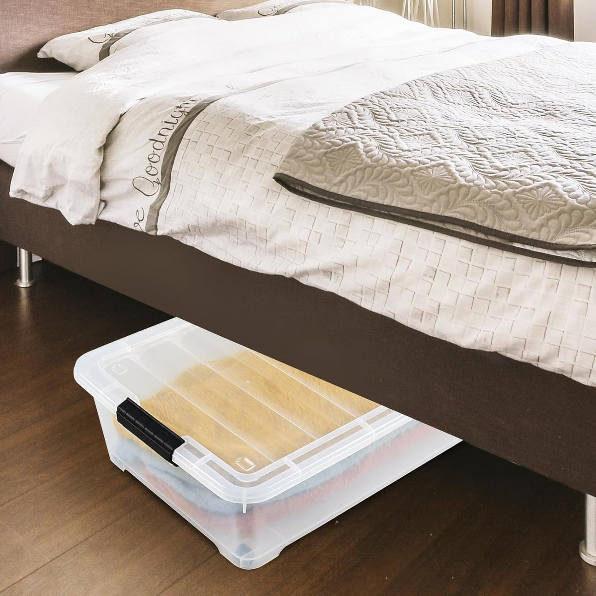 25 L Plastic Sturdy Rolling Under Bed Storage Container Bins, Clear Underbed Storage with Latching