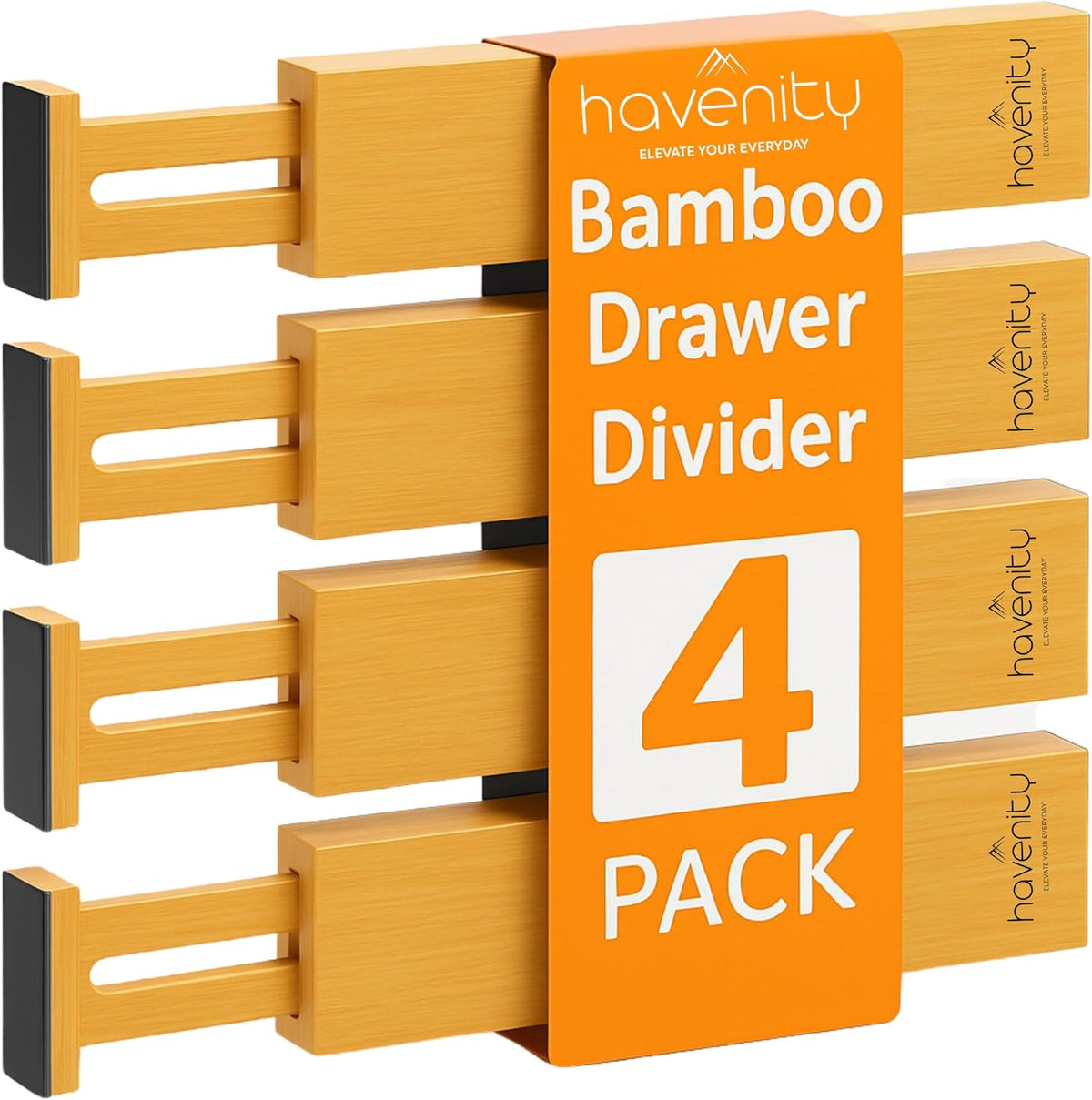 4 Pcs Bamboo Kitchen Drawer Dividers Large 14"-19", Spring Loaded, Works in Kitchen, Adjustable