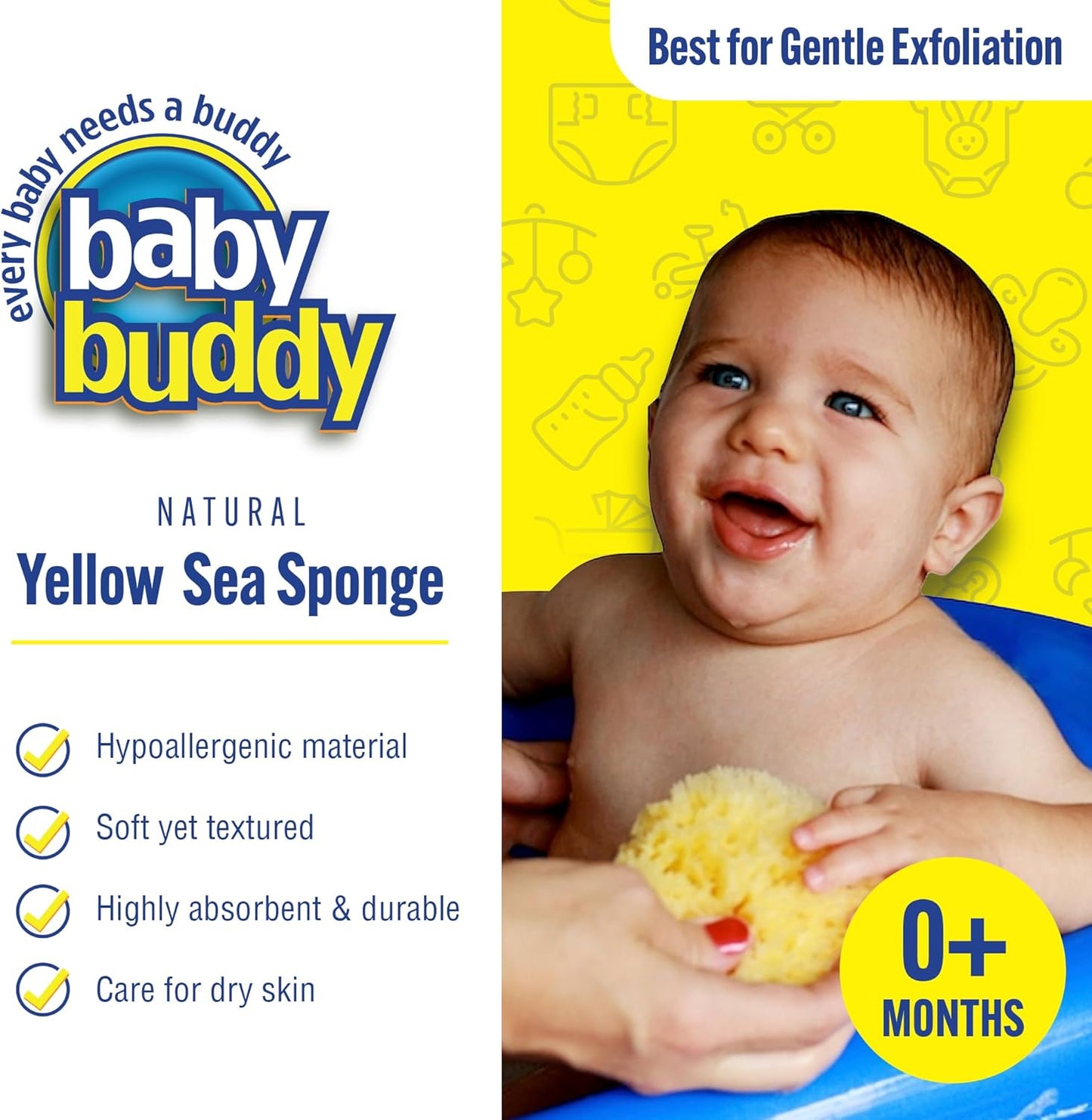 Baby Buddy Baby Bath 4in Yellow Sea Sponge, Absorbent Natural Sea Sponge, Soft on Tender Skin