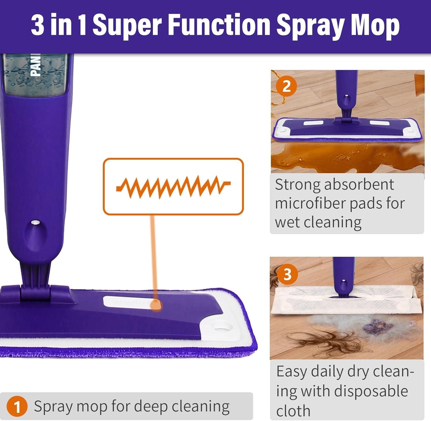 Mops for Floor Cleaning, Wet and Dry Spray Mop with Refillable Spray Bottle and 3 Washable