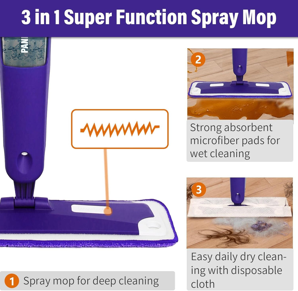Mops for Floor Cleaning, Wet and Dry Spray Mop with Refillable Spray Bottle and 3 Washable