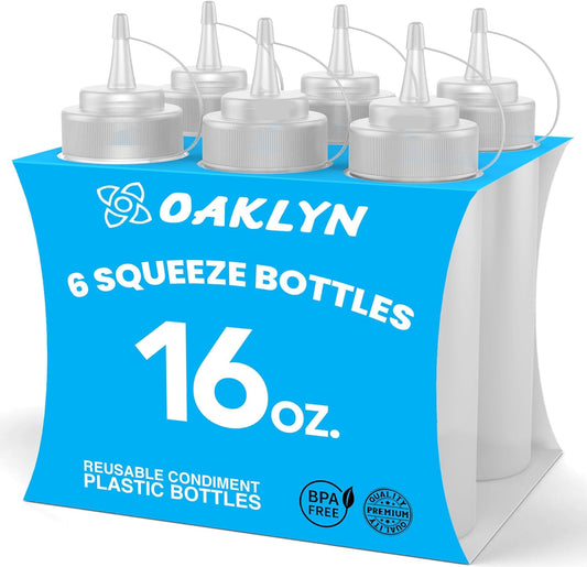 Oaklyn Squirt Bottles 16oz, 6 Pack – BPA-Free Condiment Squeeze Bottles for Sauces, Dressings
