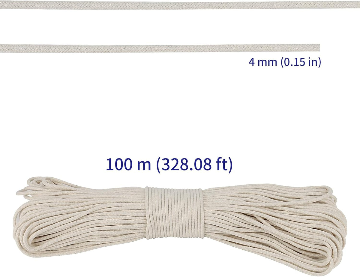 SOUJAP 5/32 Inch White Natural Cotton Clothesline Rope, 4mm x 328 Feet Cotton Sash Cord for Window