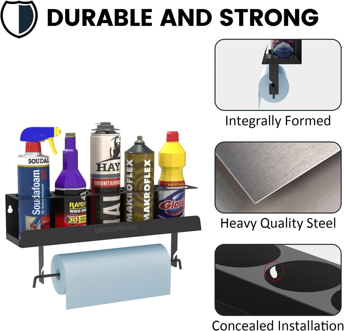 UNITEDPOWER 5 Aerosol Spray Can/Paper Towel Holder, Paint Bottle Storage Rack, Steel Wall Mount