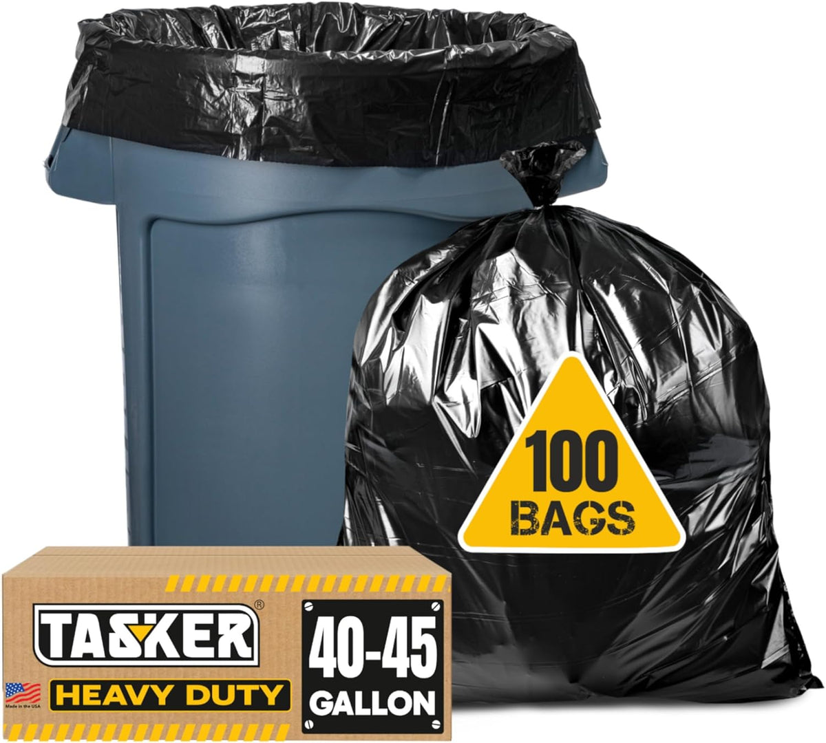 Tasker 45 Gallon Trash Bags, (Value-Pack 100 Bags w/Ties) Extra Large Black Garbage Bags - 39
