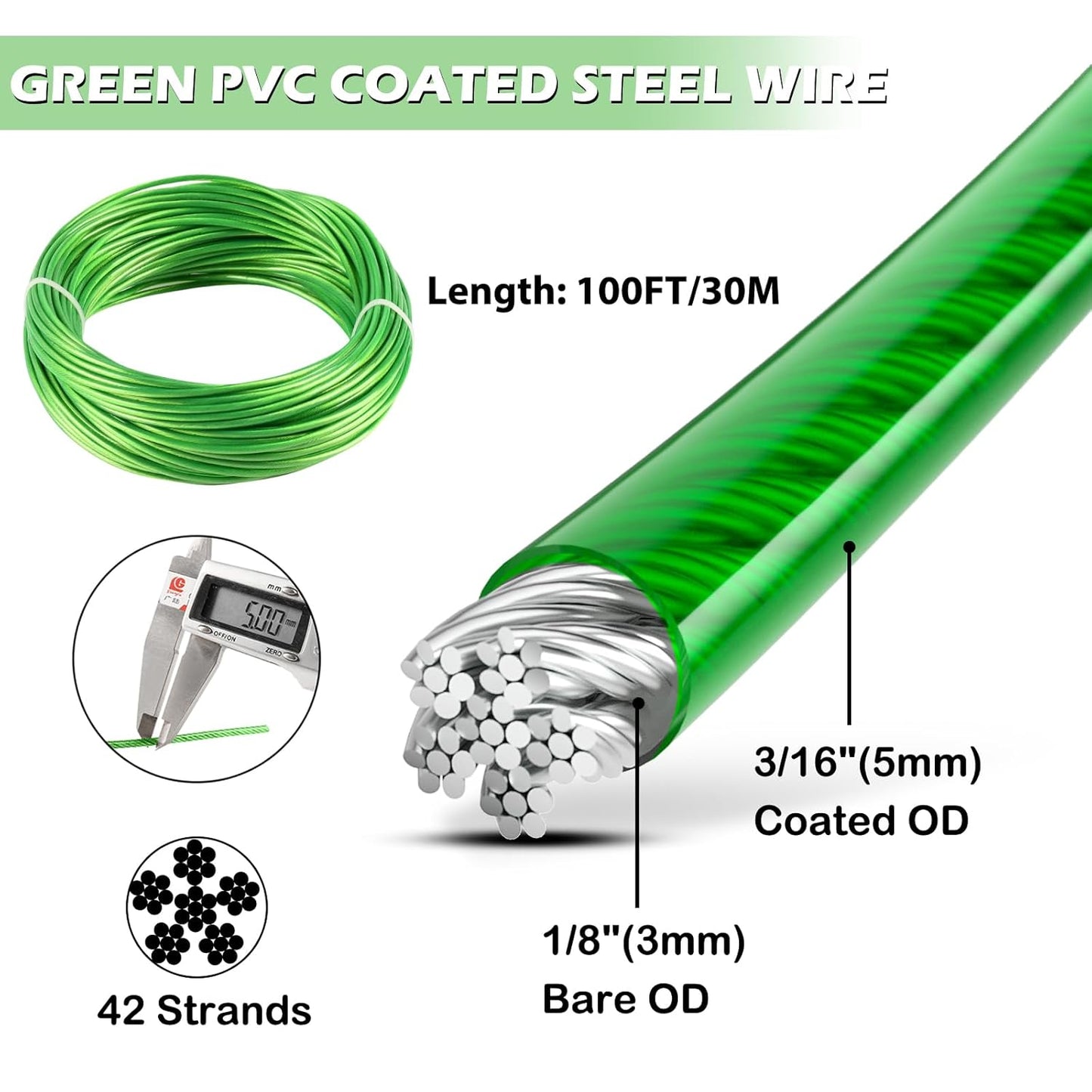 3/16" Wire Rope, 100 Ft PVC Coated Wire Cable Metal Steel Cable Trellis Kit, Multi-use Clothes Line