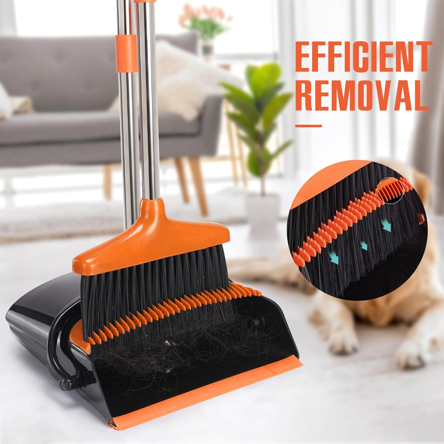 Broom and Dustpan Set with Long Handle, Light Weight Stainless Steel Poles Stand Upright Dustpans
