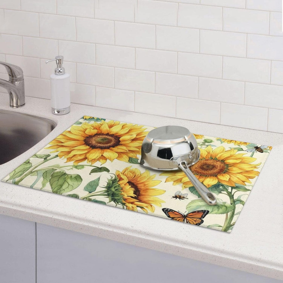 Sunflower Dish Drying Mat Highly Absorbent Double-Sided Microfiber with Hanging Loop Reversible