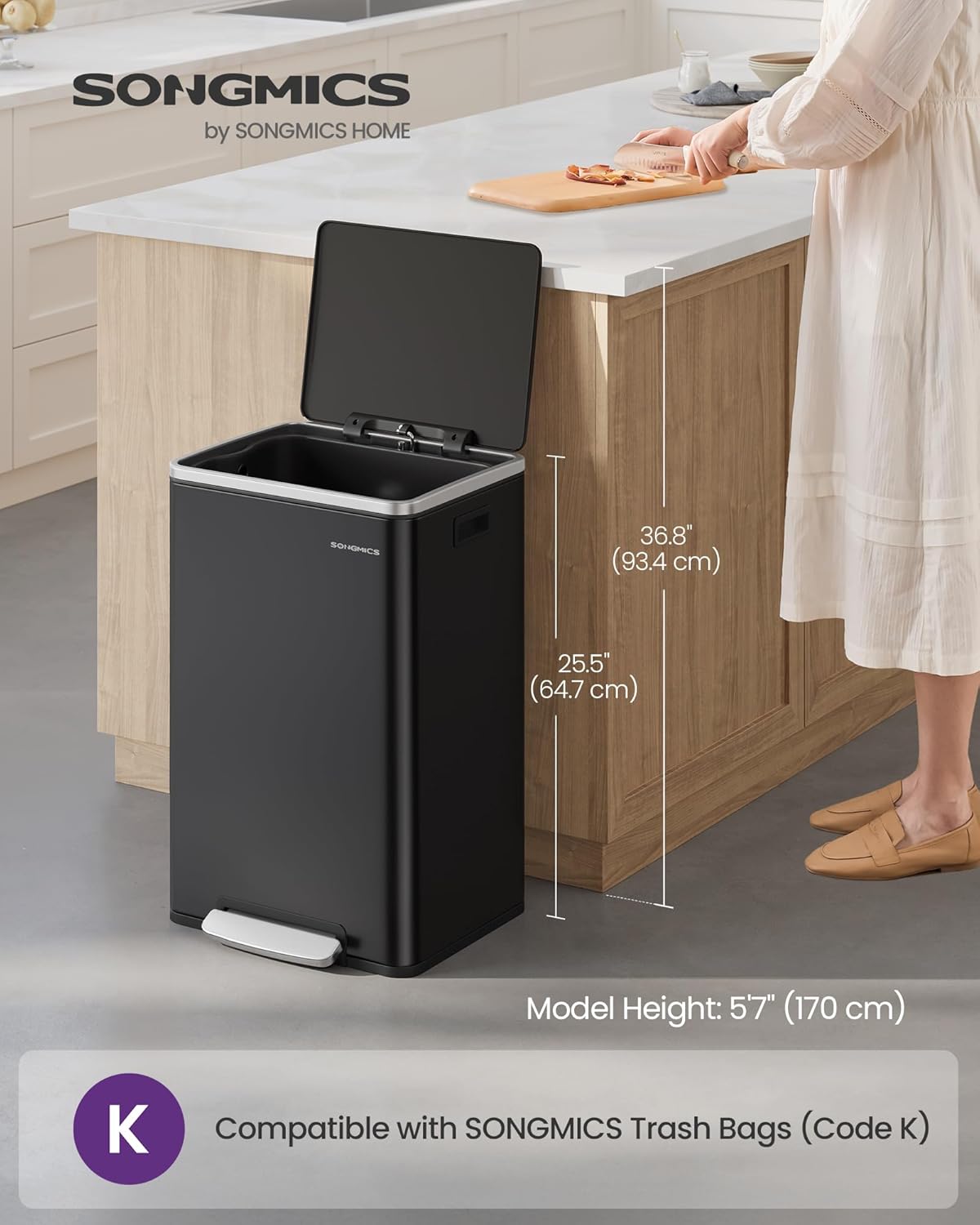 SONGMICS Trash Can, 13-Gallon Gabbage Can, with 15 Trash Bags, Steel, with Soft-Close Lid