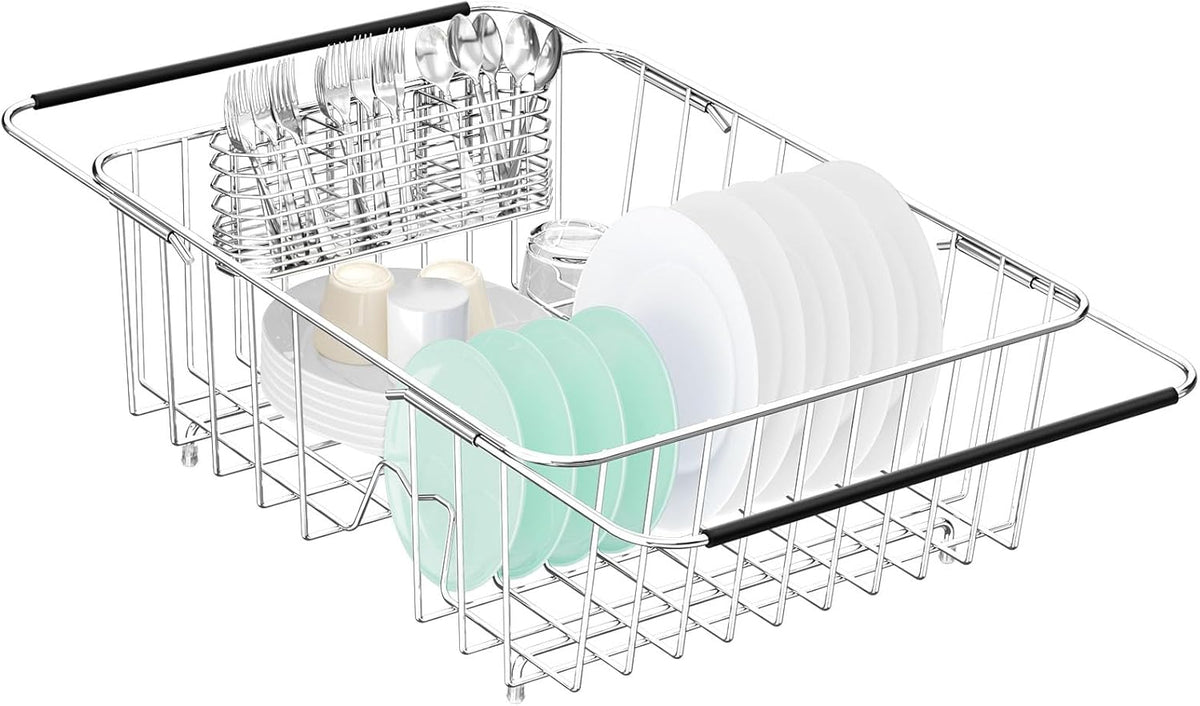 Large Dish Drainer Rack in Sink Adjustable, Expandable 304 Stainless Steel Metal Dish Drying Rack