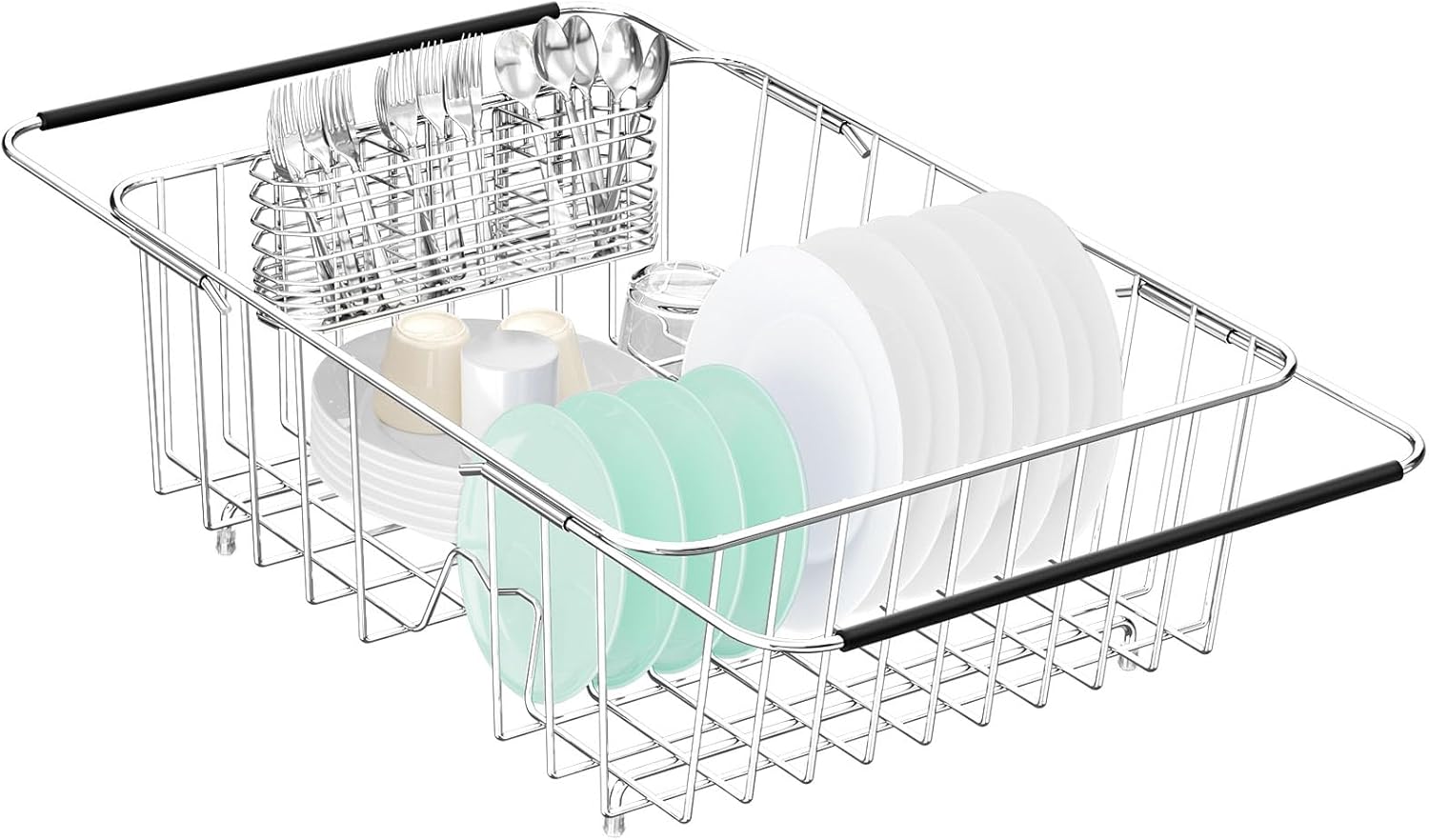 Large Dish Drainer Rack in Sink Adjustable, Expandable 304 Stainless Steel Metal Dish Drying Rack