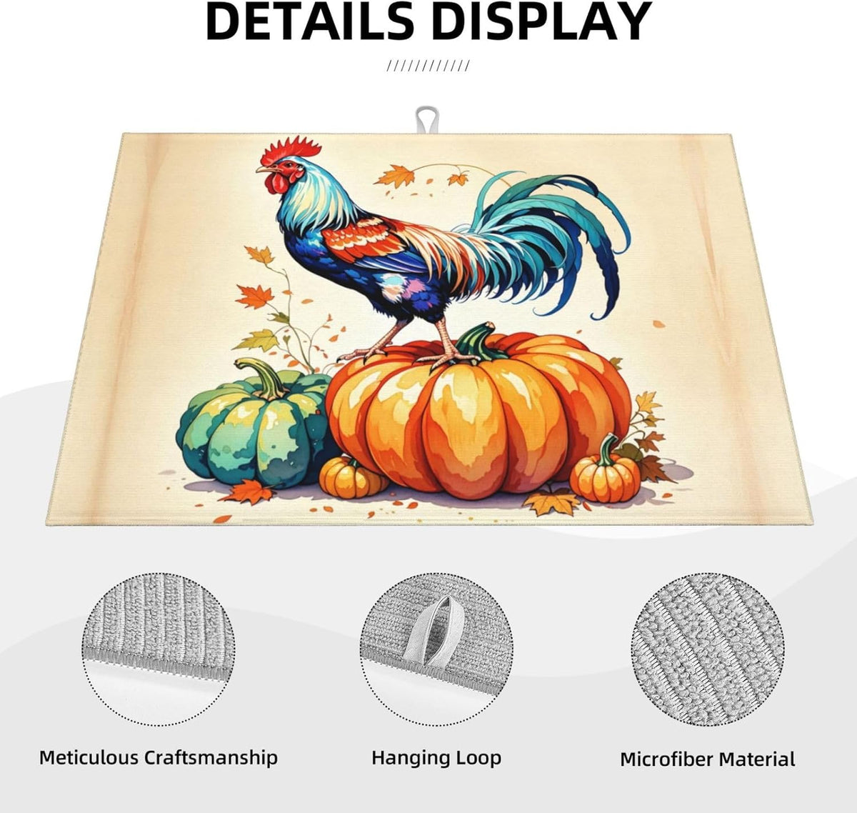 Rooster Pumpkin Dish Drying Mat Highly Absorbent Double-Sided Microfiber with Hanging Loop