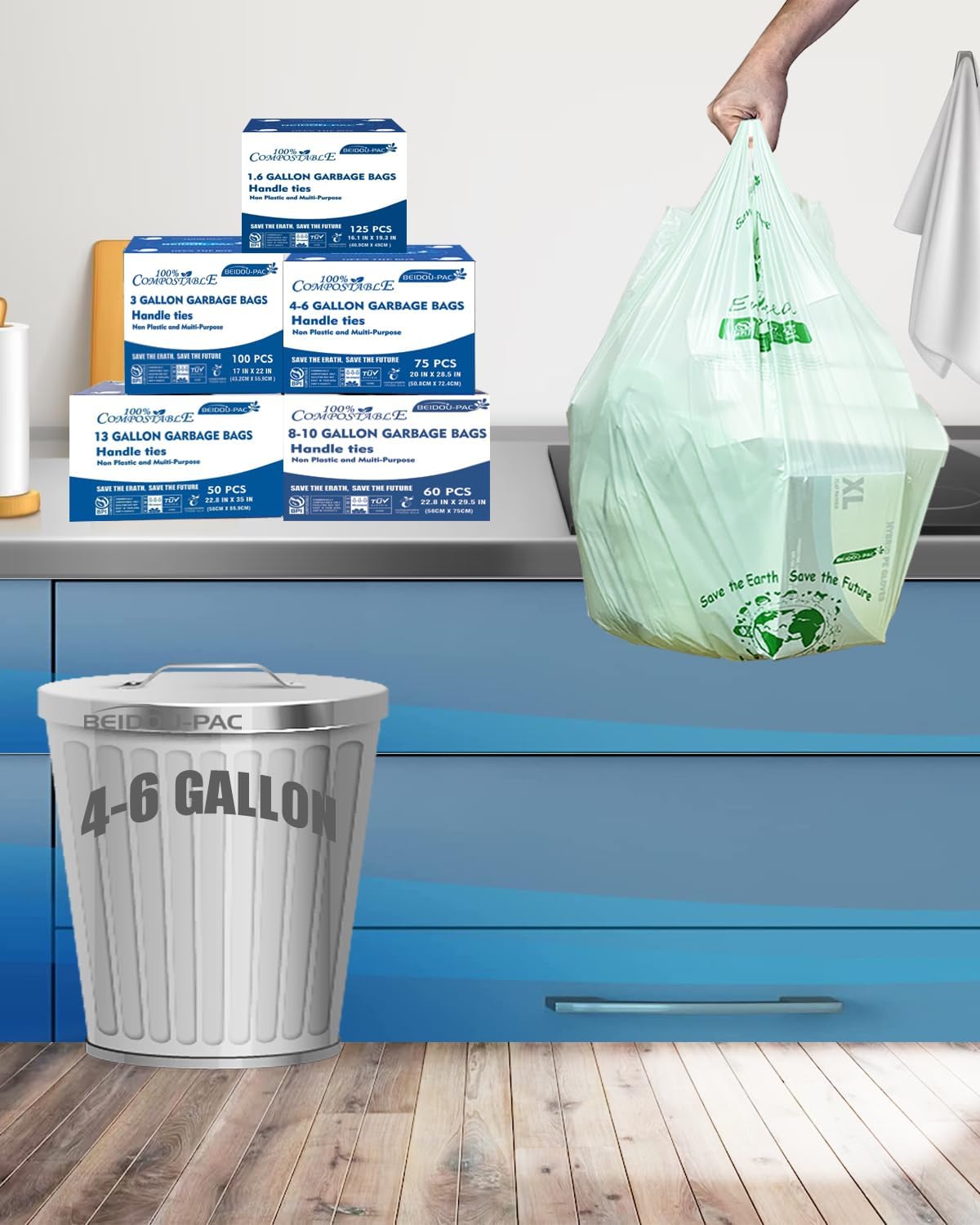 4-6 Gallon Compostable Trash Bags, 75 Count, Kitchen Compost Bags With Handle, Sturdy Biodegradable