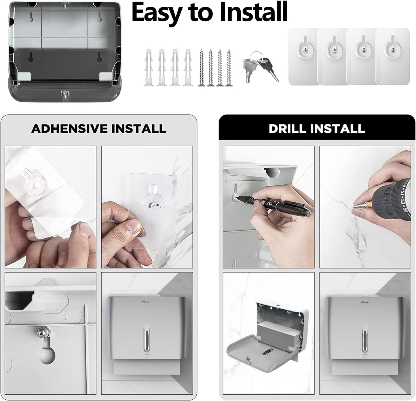 Paper Towel Dispenser Wall Mount Commercial & Home Use ABS Matte Silver Gray with Window Holds 200