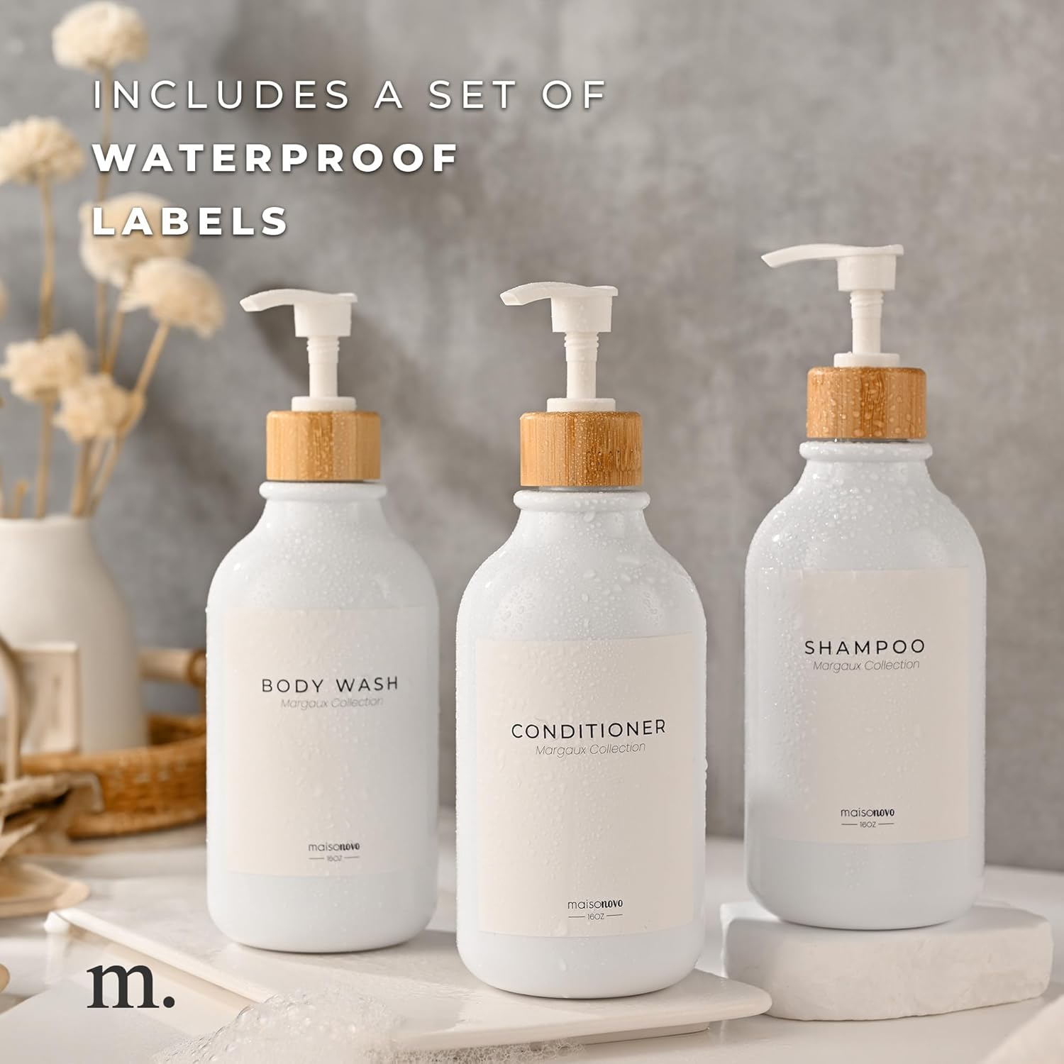 MaisoNovo Refillable Shampoo and Conditioner Bottles | 16.9 fl oz Set of 3 White Plastic Bottles