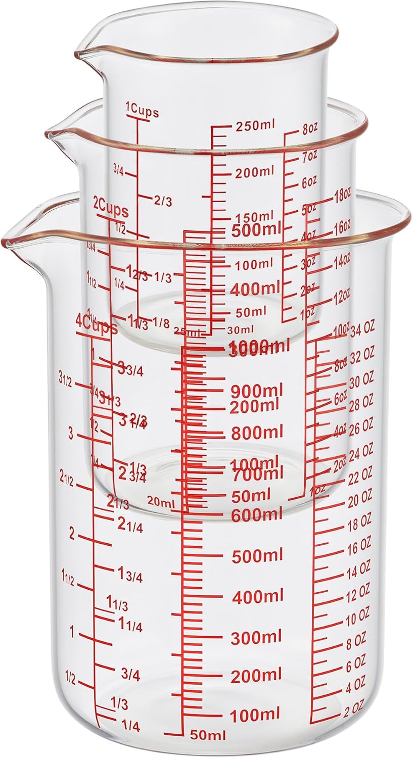 High Borosilicate Glass Measuring Cup Set-V-Shaped Spout，Includes 250ml(8OZ), 500ml(16OZ), and