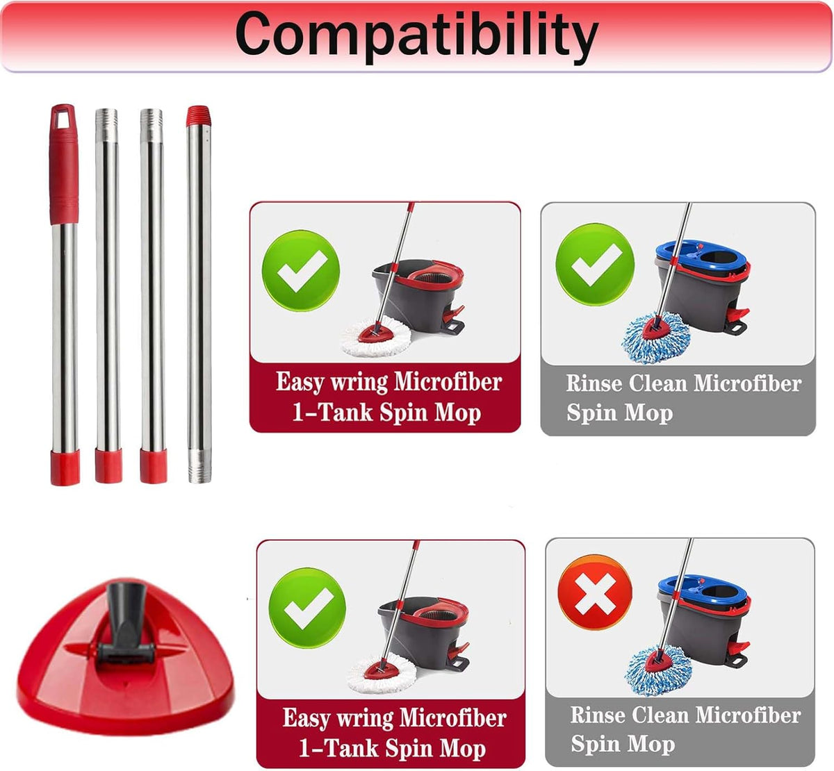 Spin Mop Replacement Handle, 4-Section 30-to-58 inch Mop Replacement Stick and Base Compatible with