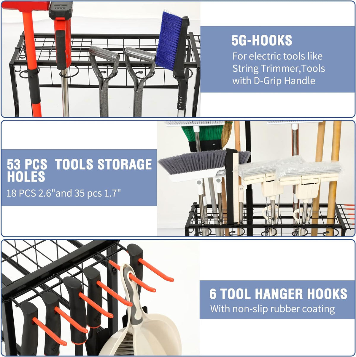 Garden Tool Organizer for Garage, Garden Tool Rack, Up to 58 Long Handled Tools, Yard Tool Holder