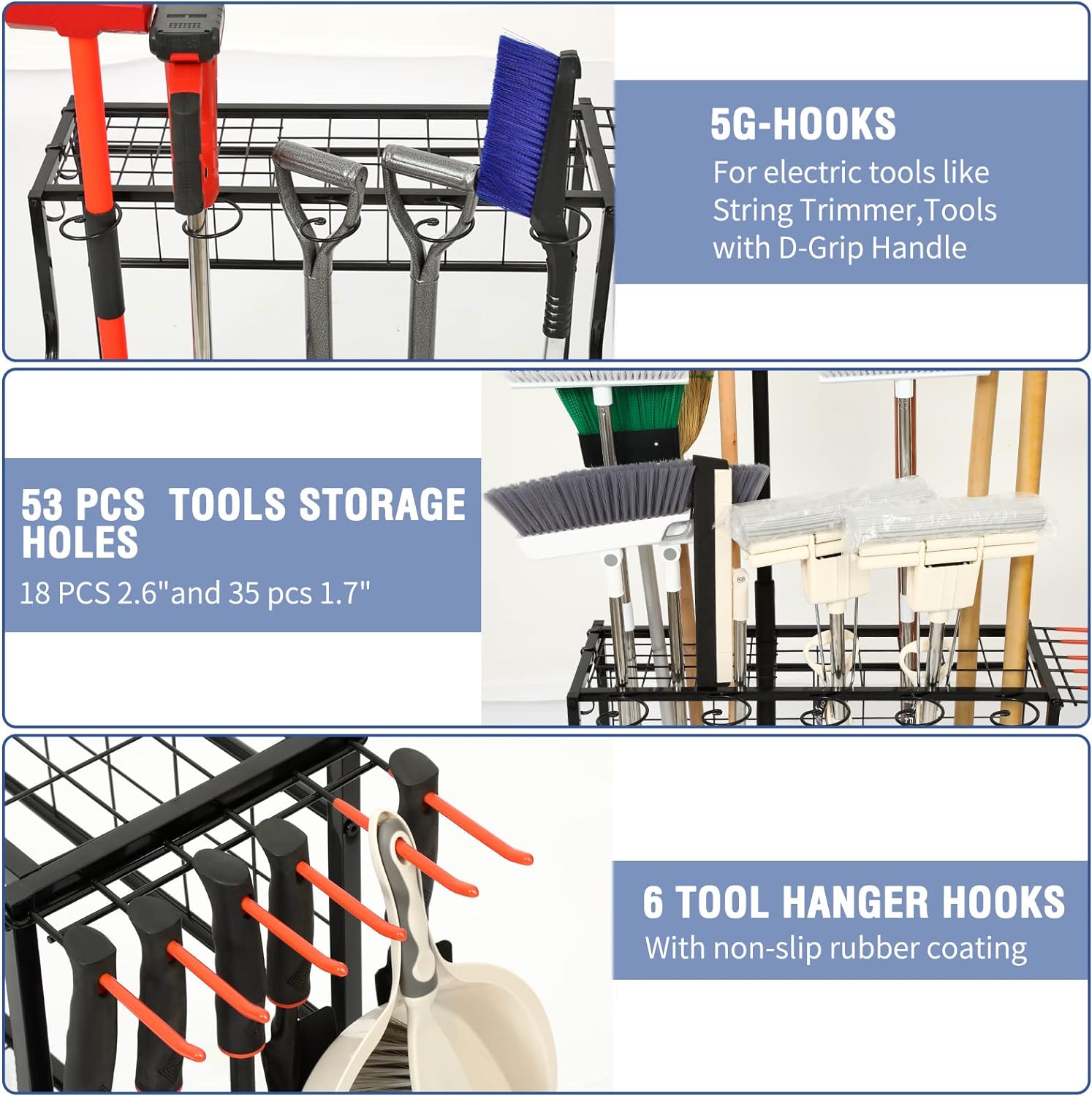 Garden Tool Organizer for Garage, Garden Tool Rack, Up to 58 Long Handled Tools, Yard Tool Holder