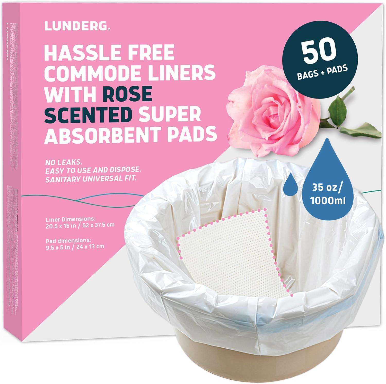 Lunderg Commode Liners with Absorbent Pads - Rose Scent Medical Grade 50 Count Universal Fit