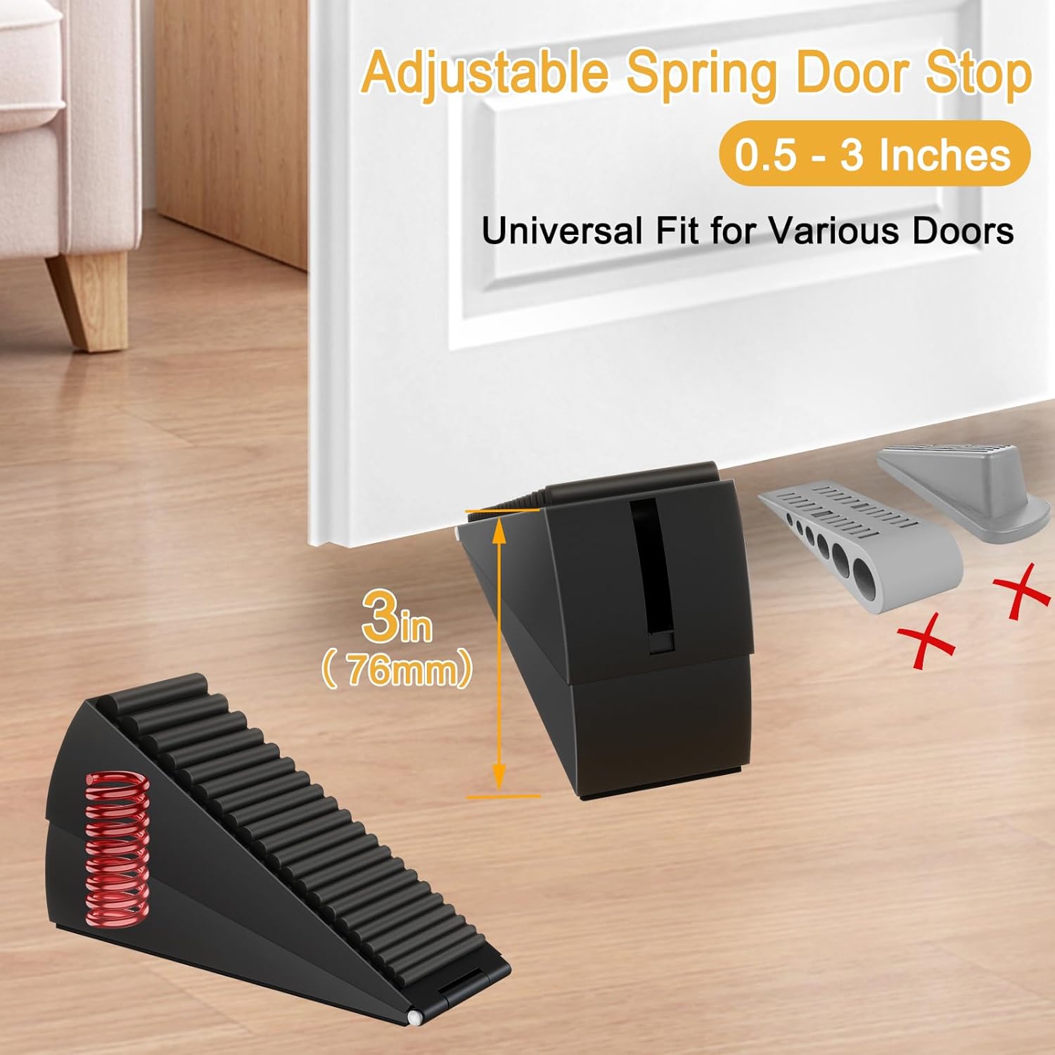 4 Pack Adjustable Spring Door Stoppers Heavy Duty, 3 Inches High Tall Large Metal Door Wedge