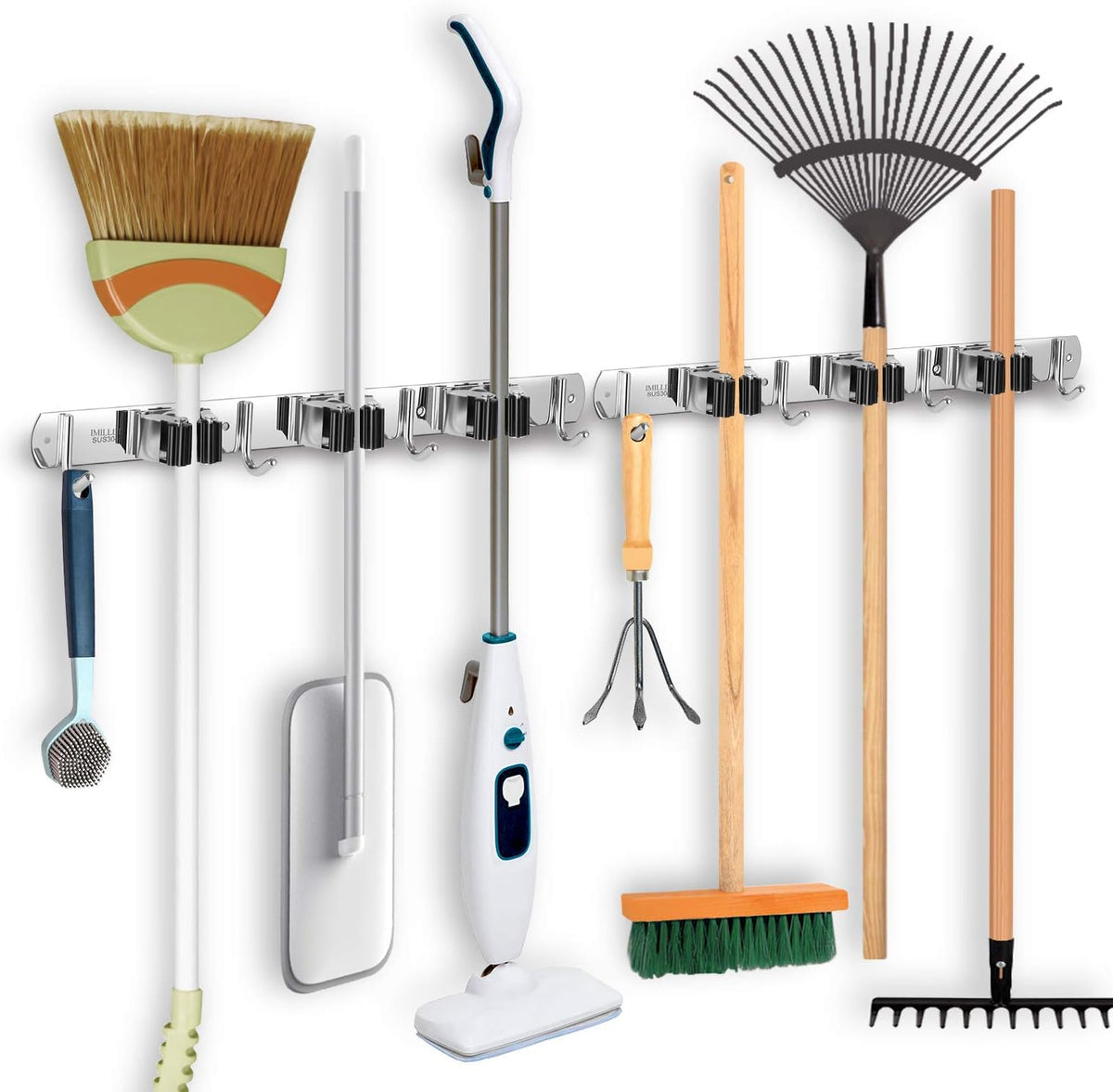 IMILLET 2 Pack Broom and Mop Holder Wall Mounted, Stainless Steel Broom Holder Mop Holder Self