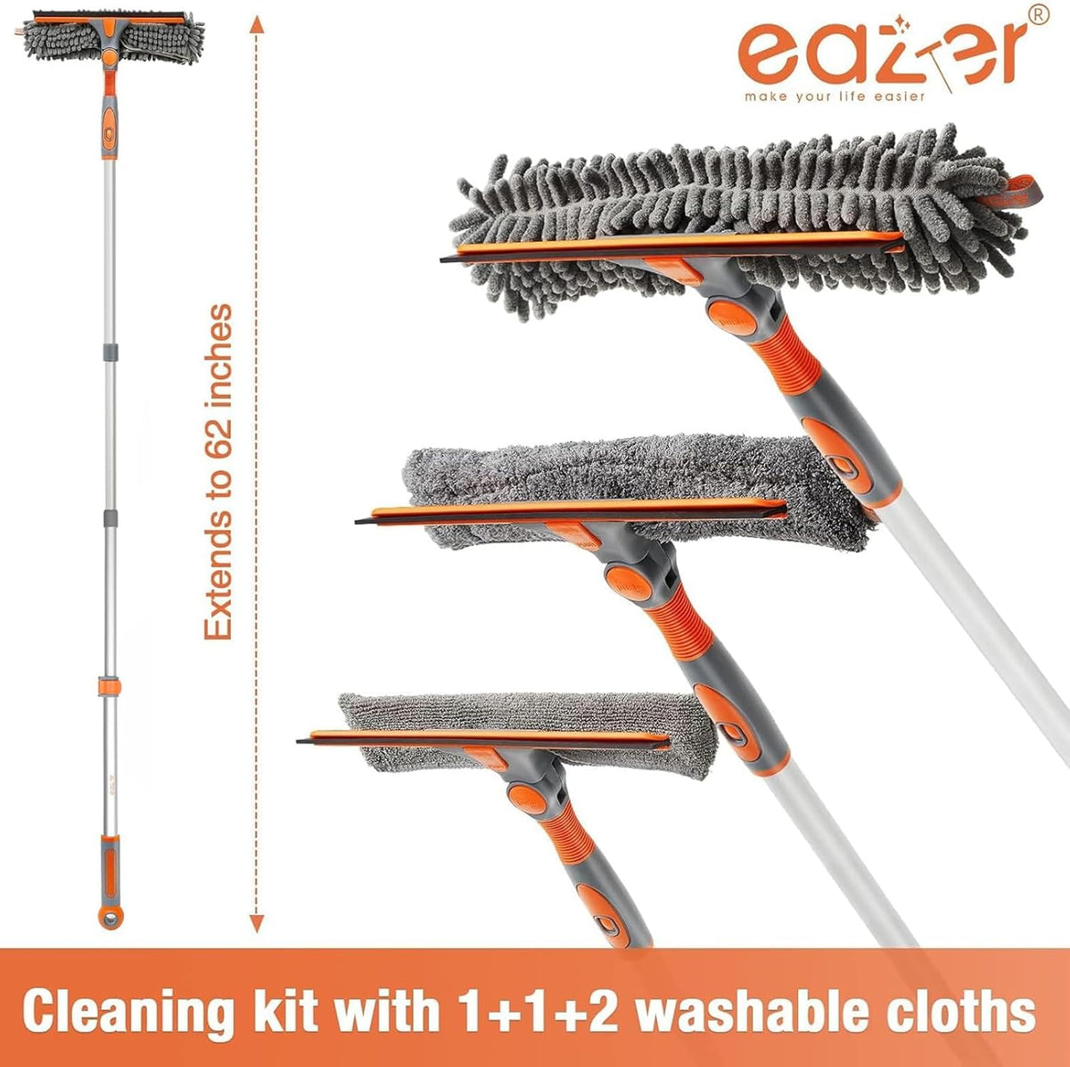 Eazer 2-in-1 Window Cleaner Tool, 64'' Window Squeegee for Home, Window Cleaning Squeegee Kit with