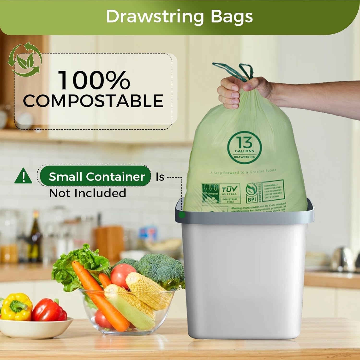 13 Gallon Compostable Trash Bags with Drawstring, Heavy Duty Extra Thick 1 Mil, 49.21 Liter, 30
