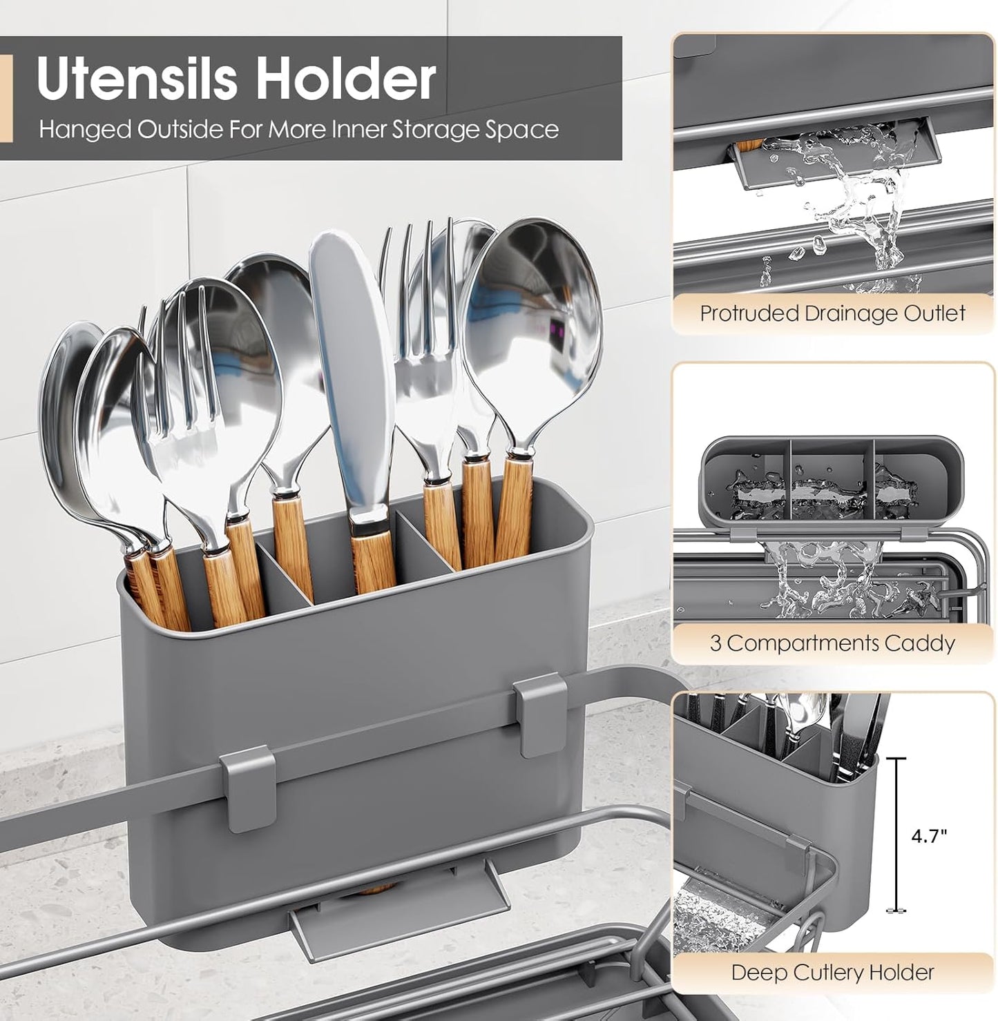 Dish Drying Rack for Kitchen Counter, Sink Dish Rack with Drainboard, Large Dish Drainer with Cups