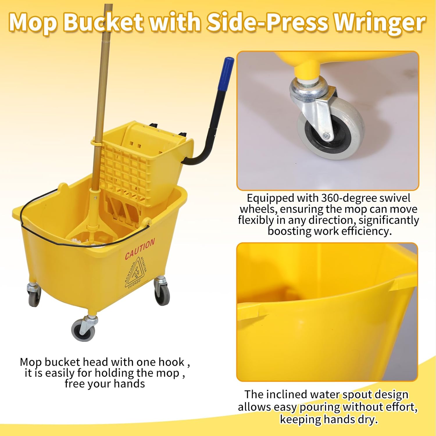 Commercial Mop Bucket with Side-Press Wringer for Floor Cleaning, 35 Quarts, Yellow, Including One