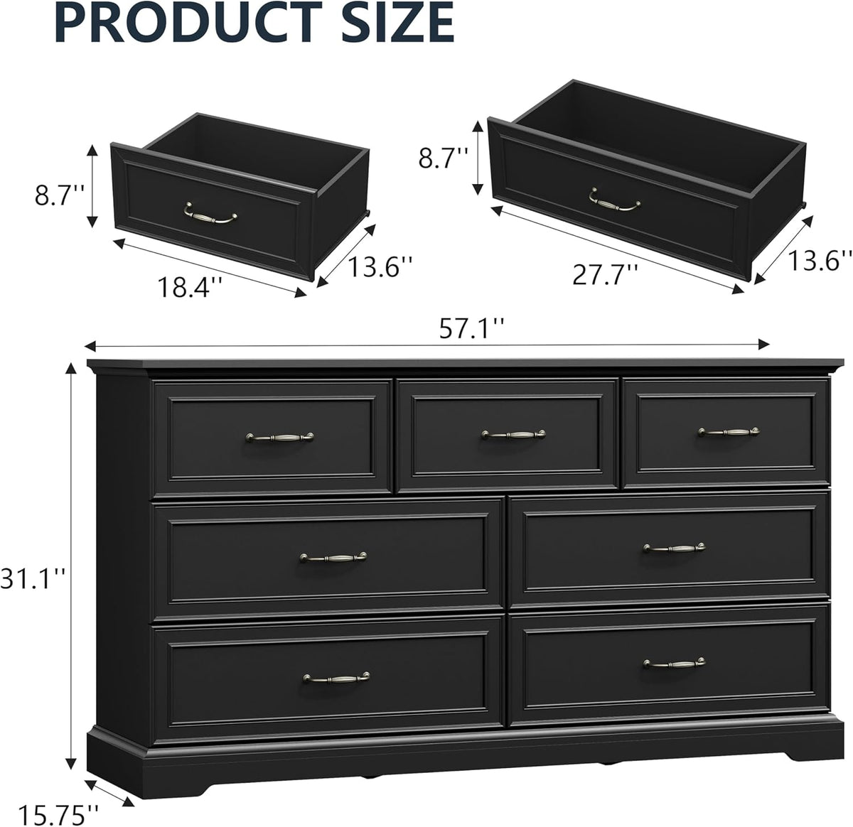 7 Drawer Dresser for Bedroom, 57" Wide Wooden Chest of Drawers, Rustic Farmhouse Dresser with Large