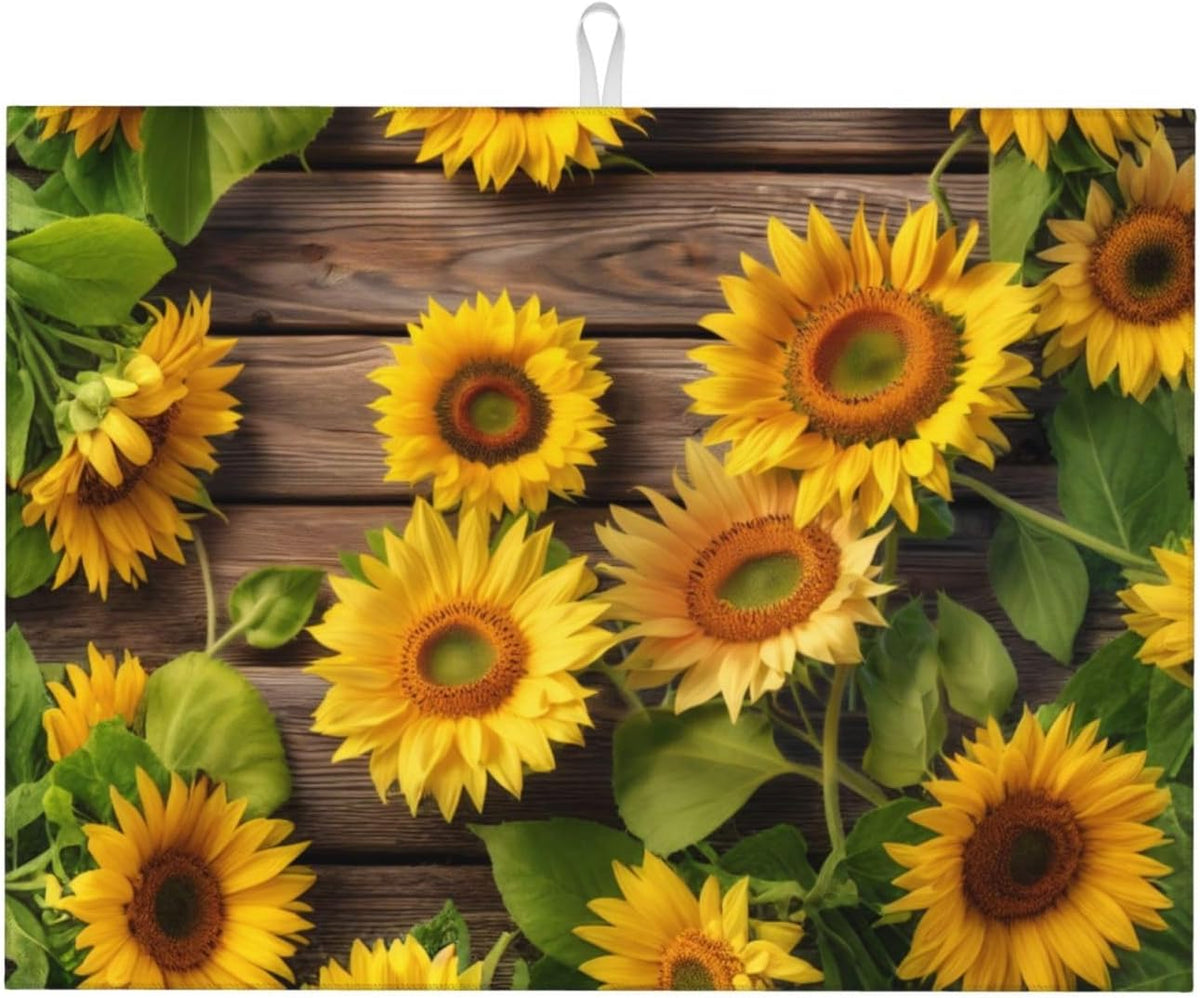 Sunflower Dish Drying Mat for Kitchen Counter Protector and Decoration Super Absorbent Double Sided