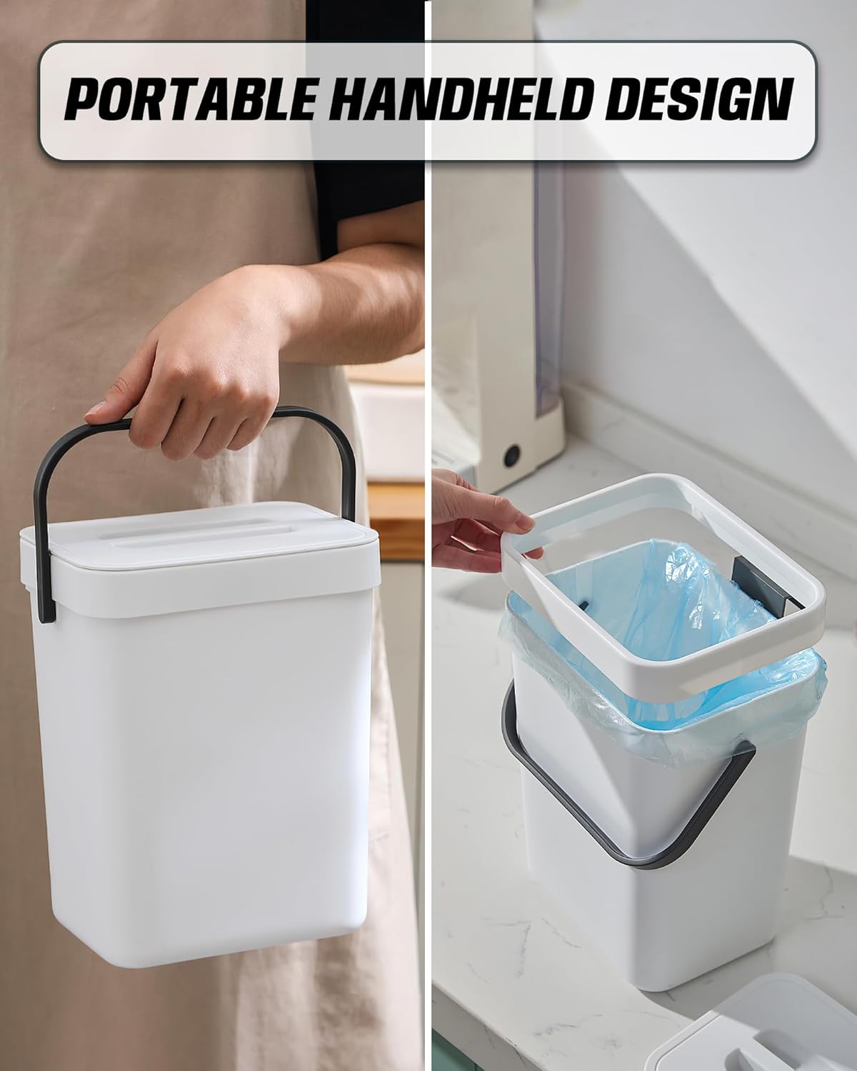 Indoor Compost Bin - 1.3 Gallons Hanging Small Trash Can with Lid for Kitchen Bathroom, Under Sink