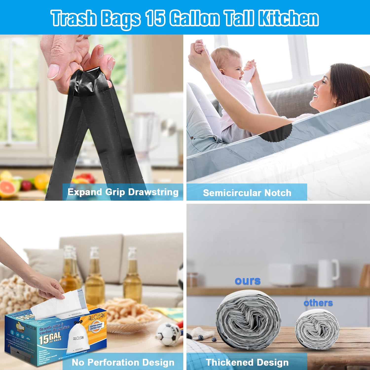 Trash Bags 15 Gallon Tall Kitchen Drawstring Garbage Bags,Fit 13-15 Gal Bins,Extra