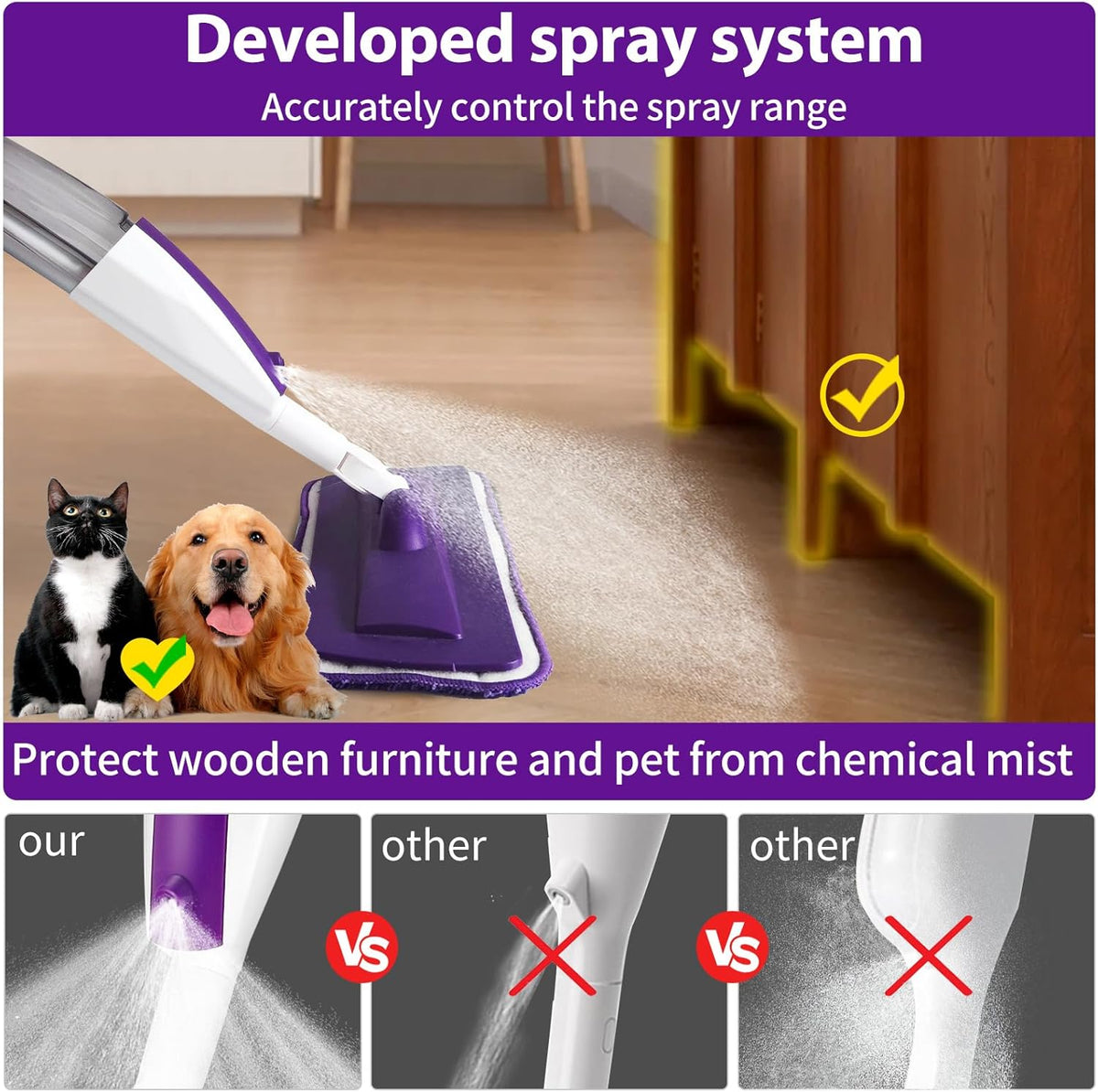 Mops for Floor Cleaning Wet Spray Mop with 14 oz Refillable Bottle and 3 Washable Microfiber Pads