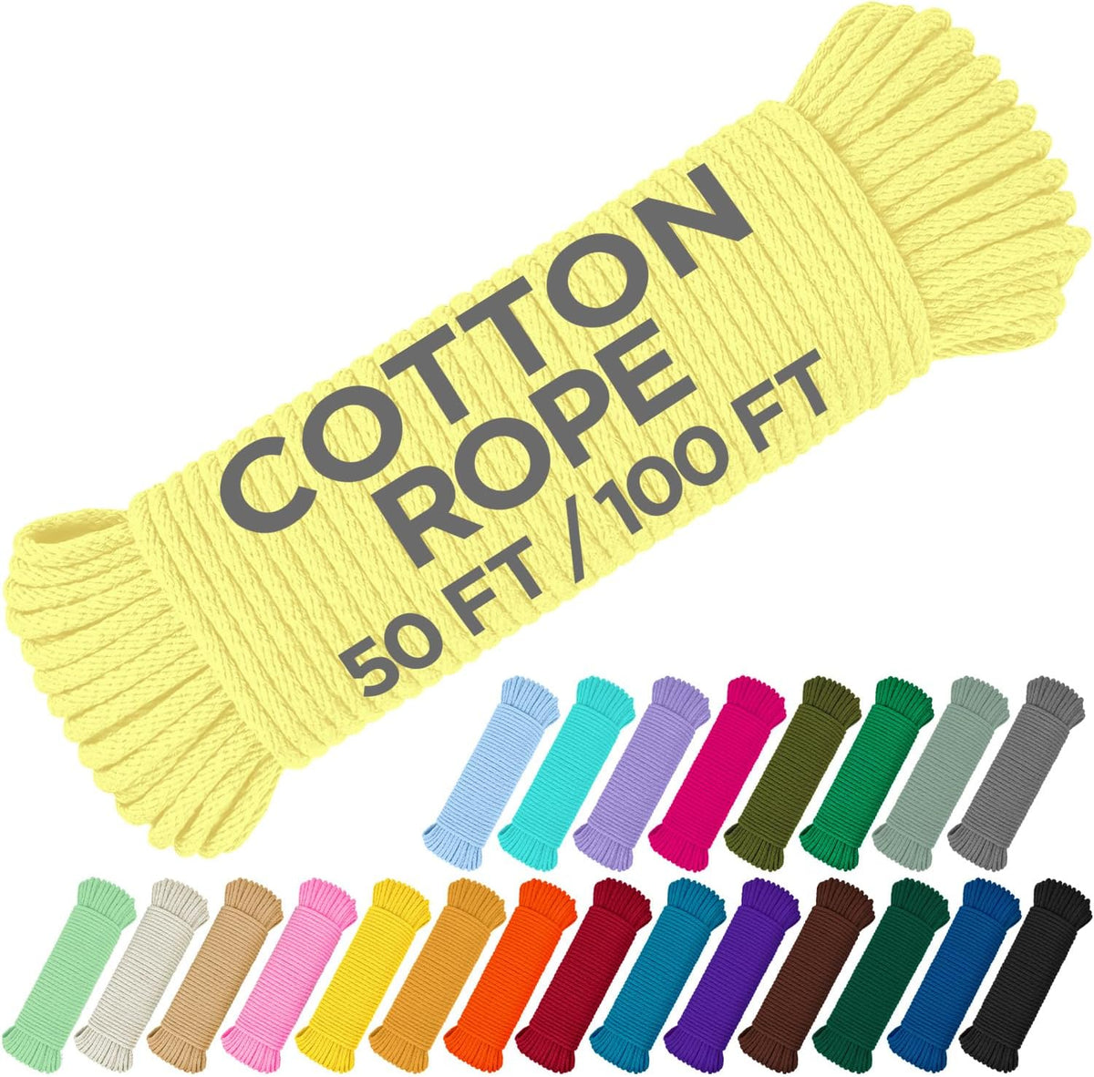 TECEUM Cotton Rope 3/16” (5 mm) – 100 FT – Strong All-Purpose Braided Rope – Natural Cotton – for
