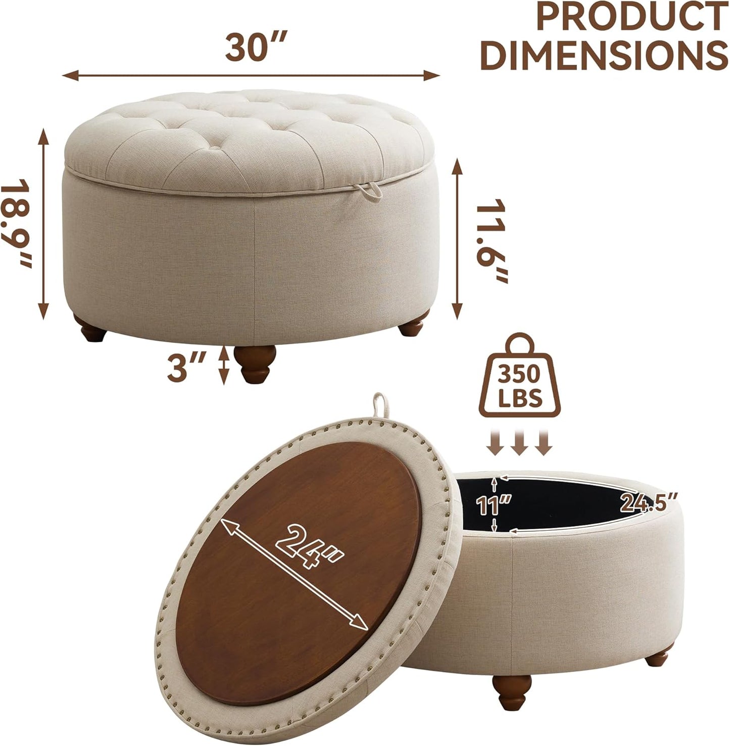 30Inch Round Storage Ottoman with Tray, Modern Tufted Fabric Circle Coffee Table with Storage