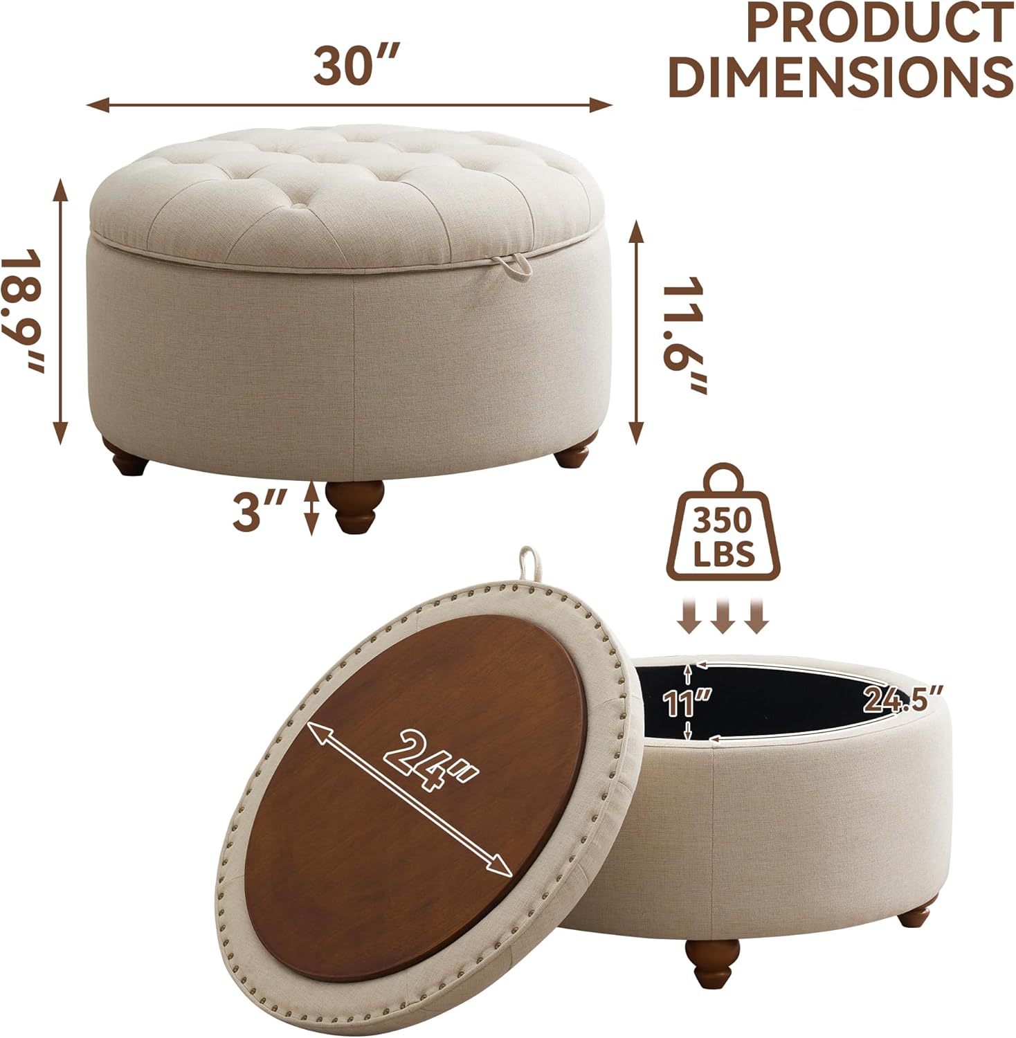 30Inch Round Storage Ottoman with Tray, Modern Tufted Fabric Circle Coffee Table with Storage