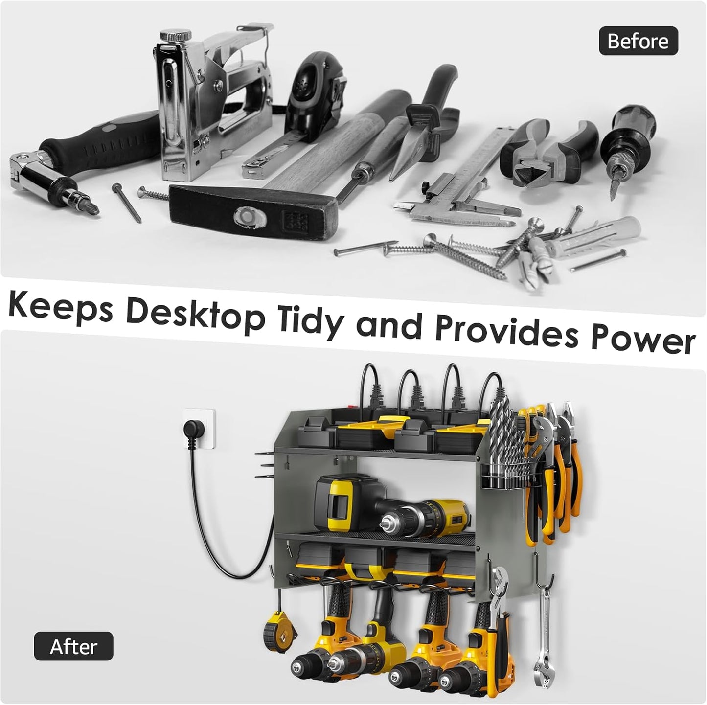 CCCEI Modular Power Tool Organizer Wall Mount with Charging Station. Garage 4 Drill Storage Shelf
