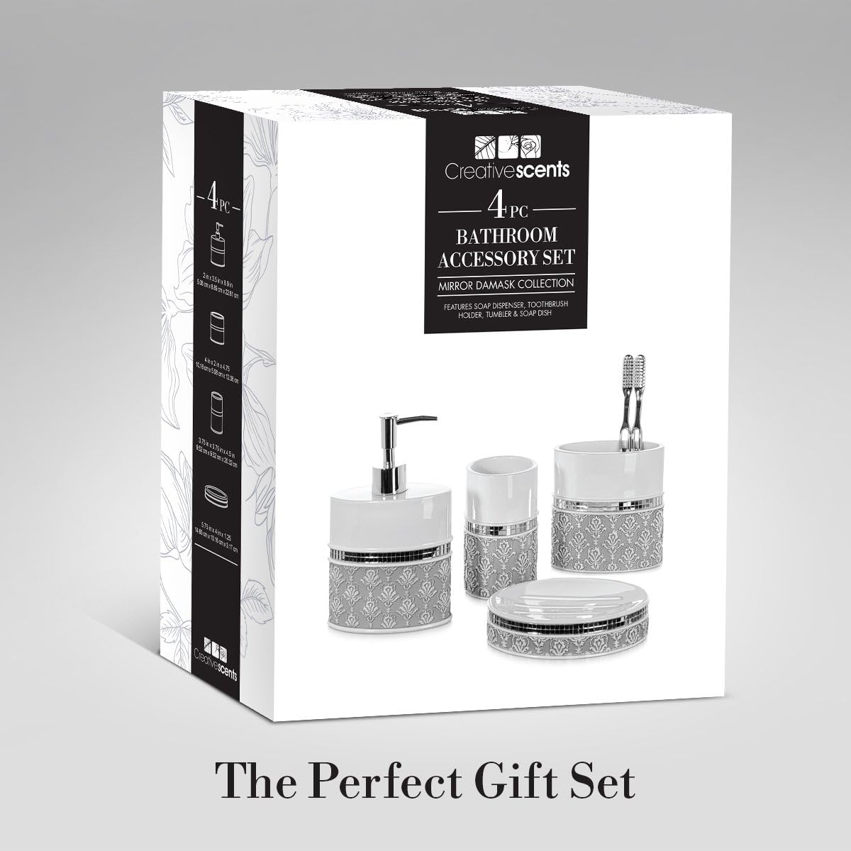 Creative Scents Mirror Damask Bathroom Accessory Set Complete - Decorative 4 Piece White and Gray