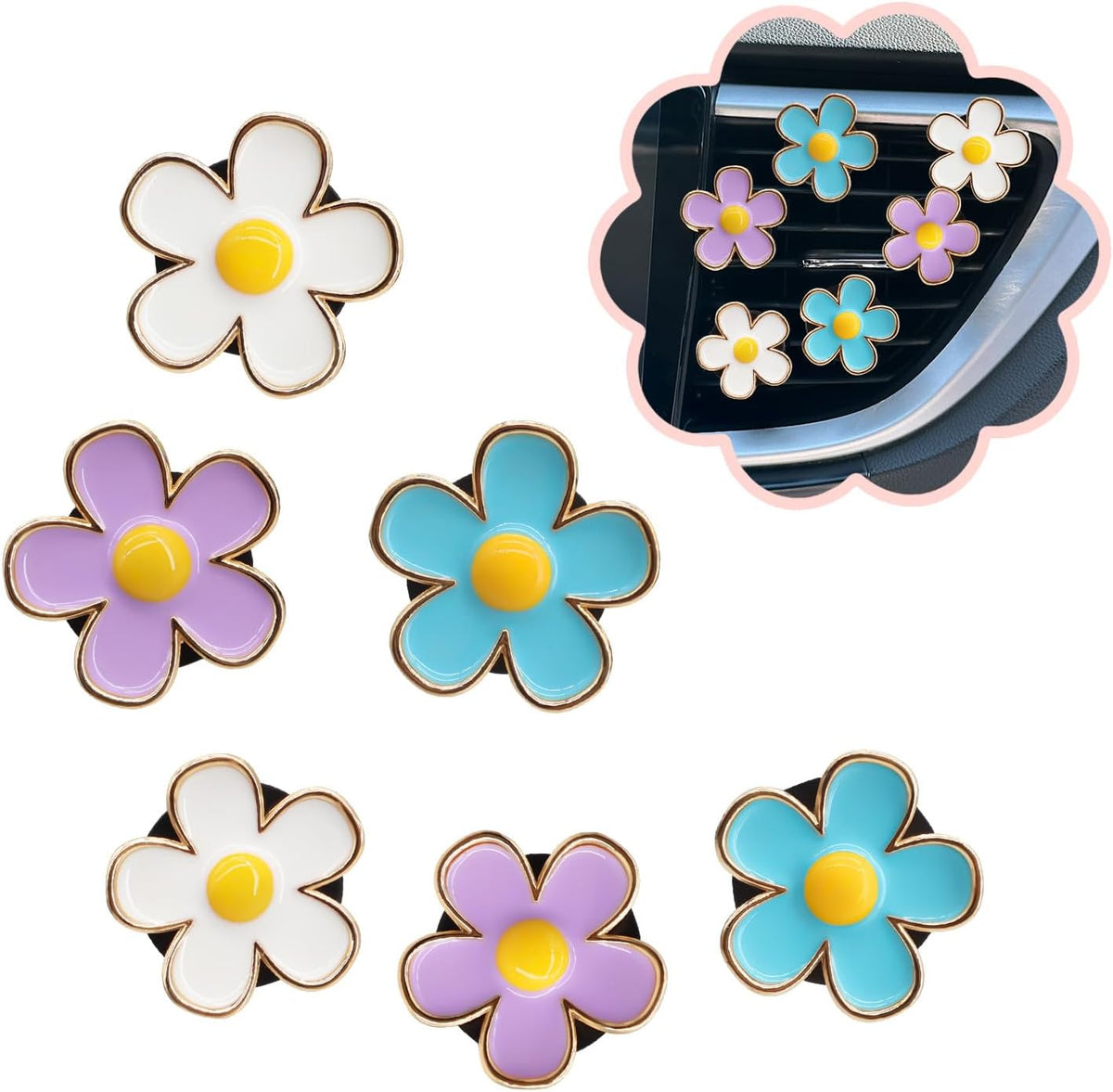6pcs Flowers Car Decor,Cute Car Air Freshener Vent Clips,Blue White Purple Daisy Flowers Air Vent