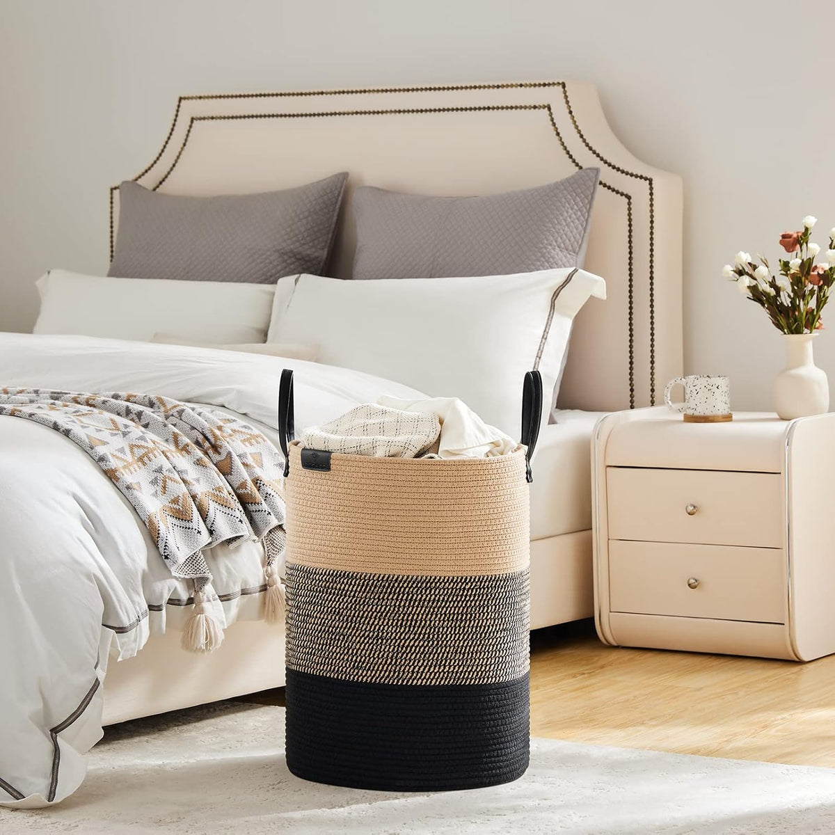 VIPOSCO Tall Laundry Basket, Large Dirty Clothes Hamper with Leather Handle, Woven Rope Storage