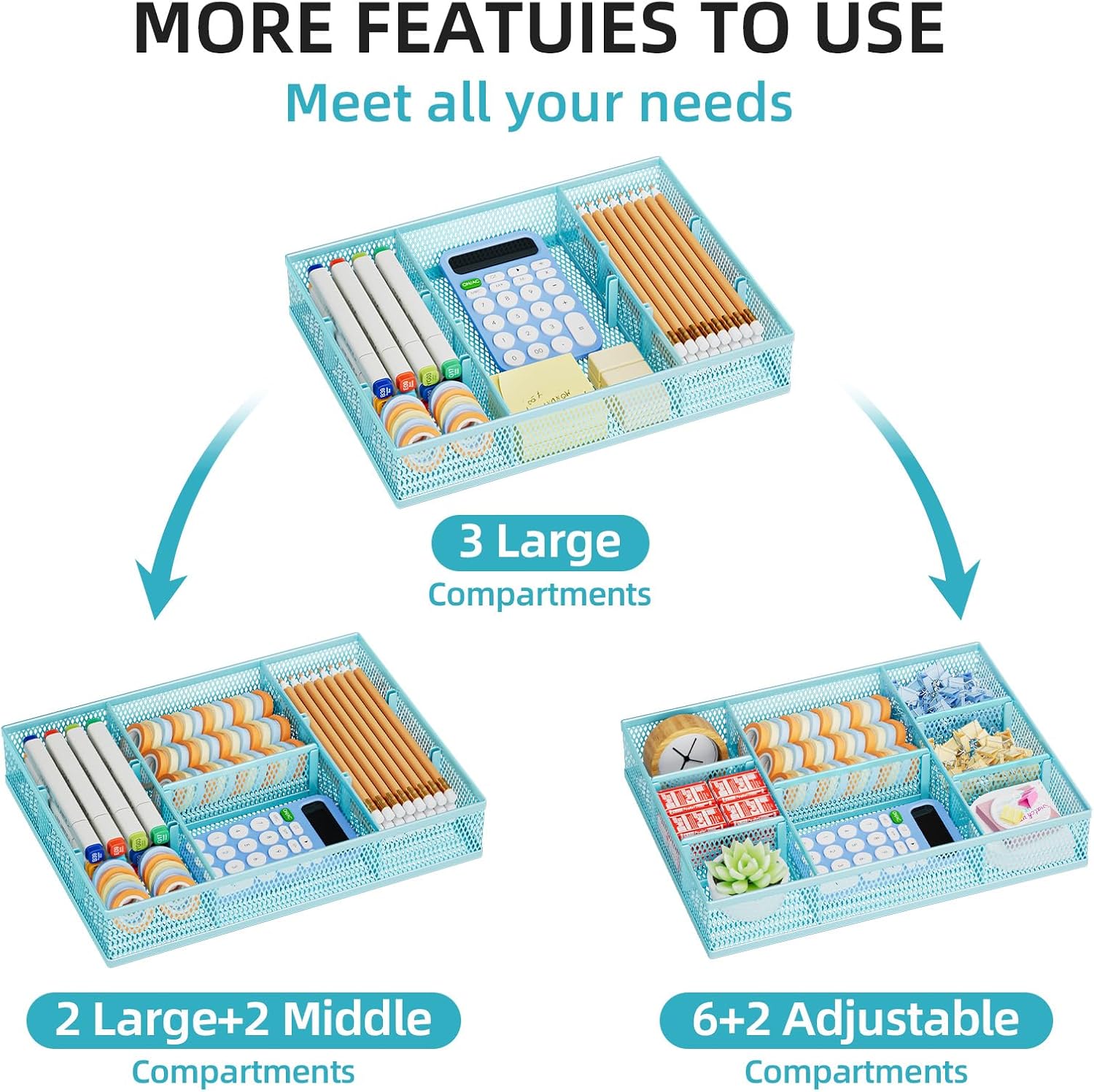 Marbrasse 2 Pack Desk Drawer Organizer, Mesh Drawer Organizer Tray with 8 Adjustable Compartments