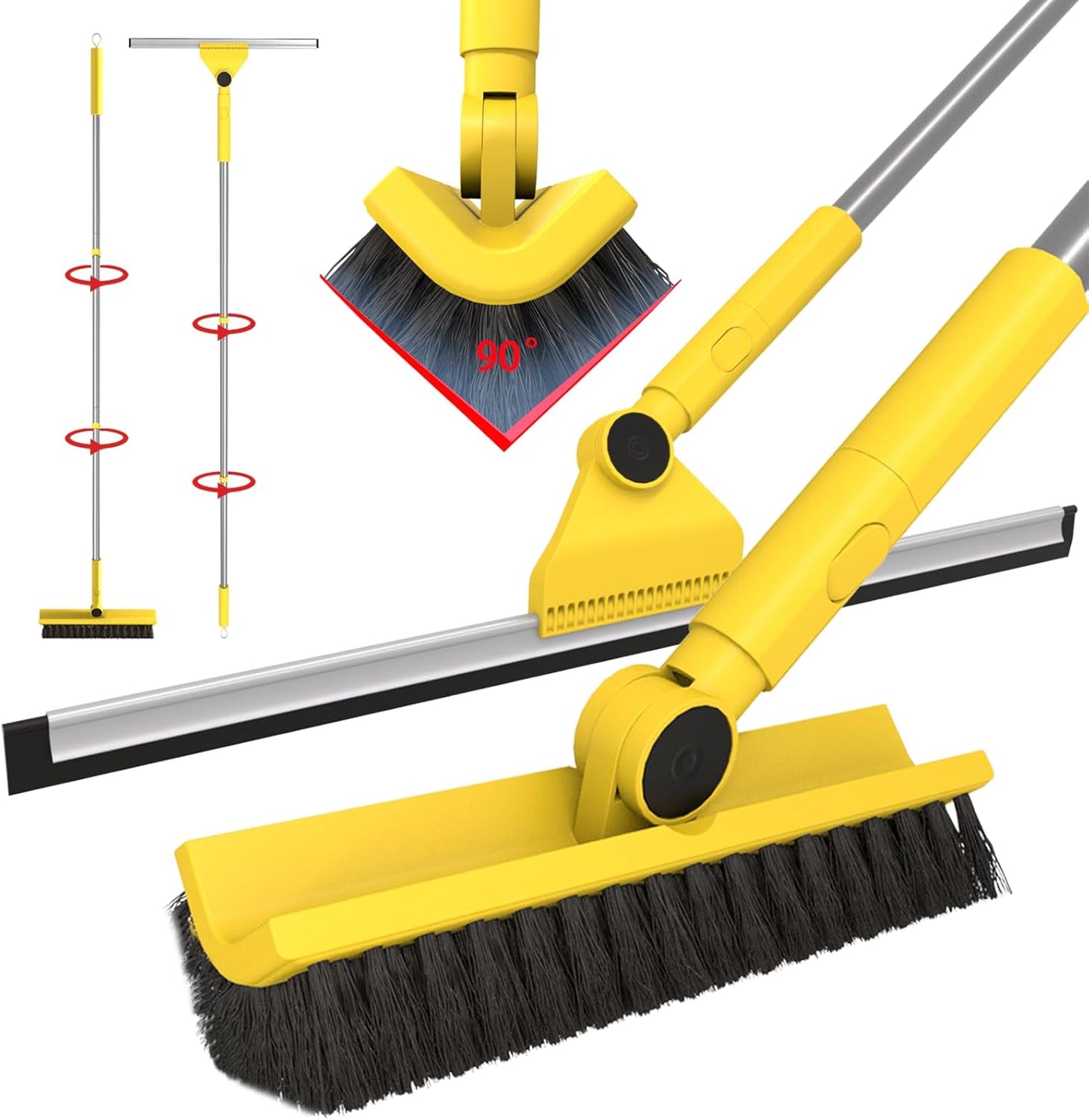 Multi-Purpose V-Shaped Grout Brush with 16.9" Floor Squeegee Set, Long Handle Floor Scrub Brush for