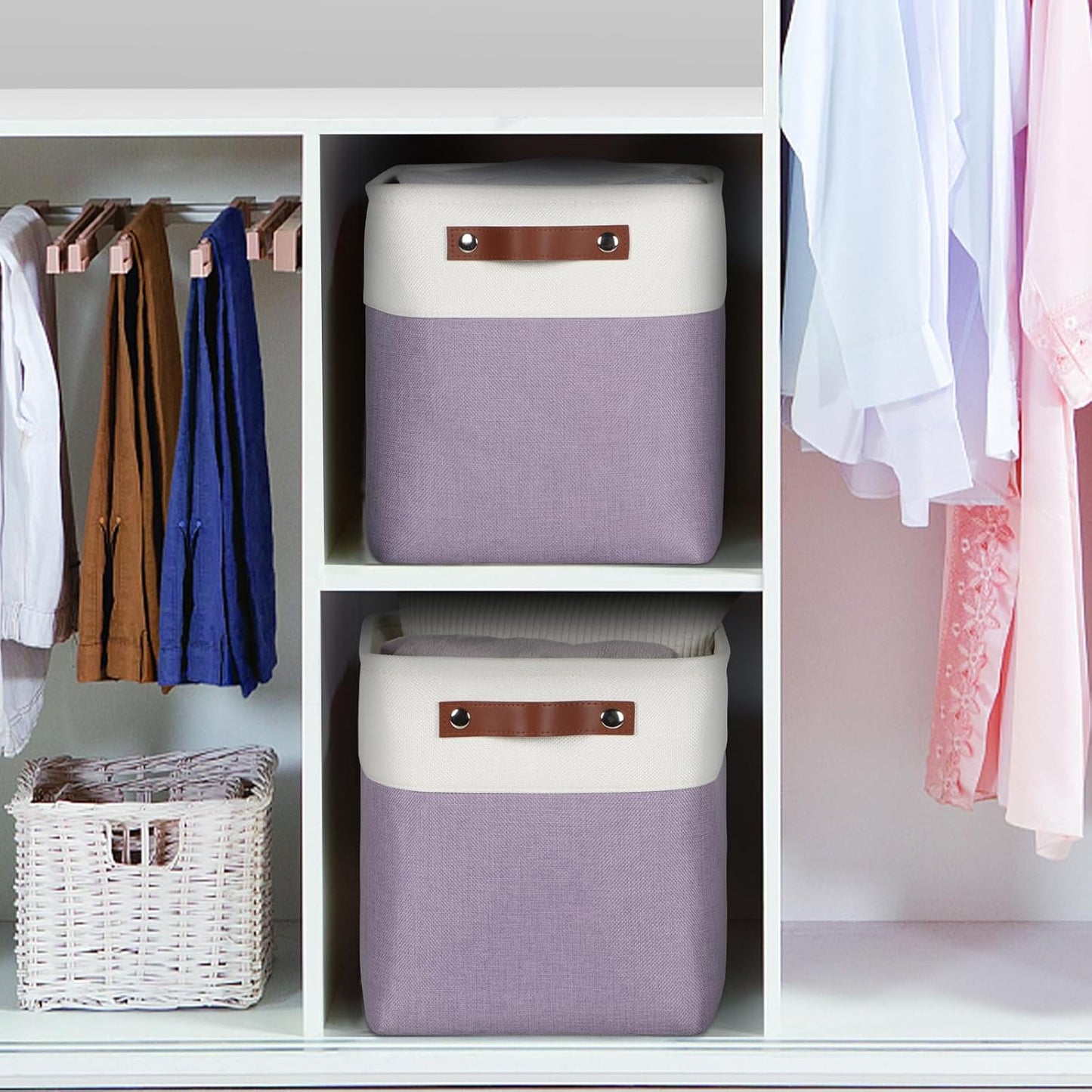 Univivi 10.5 Inch Fabric Cube Bins with Hard Bottom, 4 Pack Storage Baskets with PU Handles for