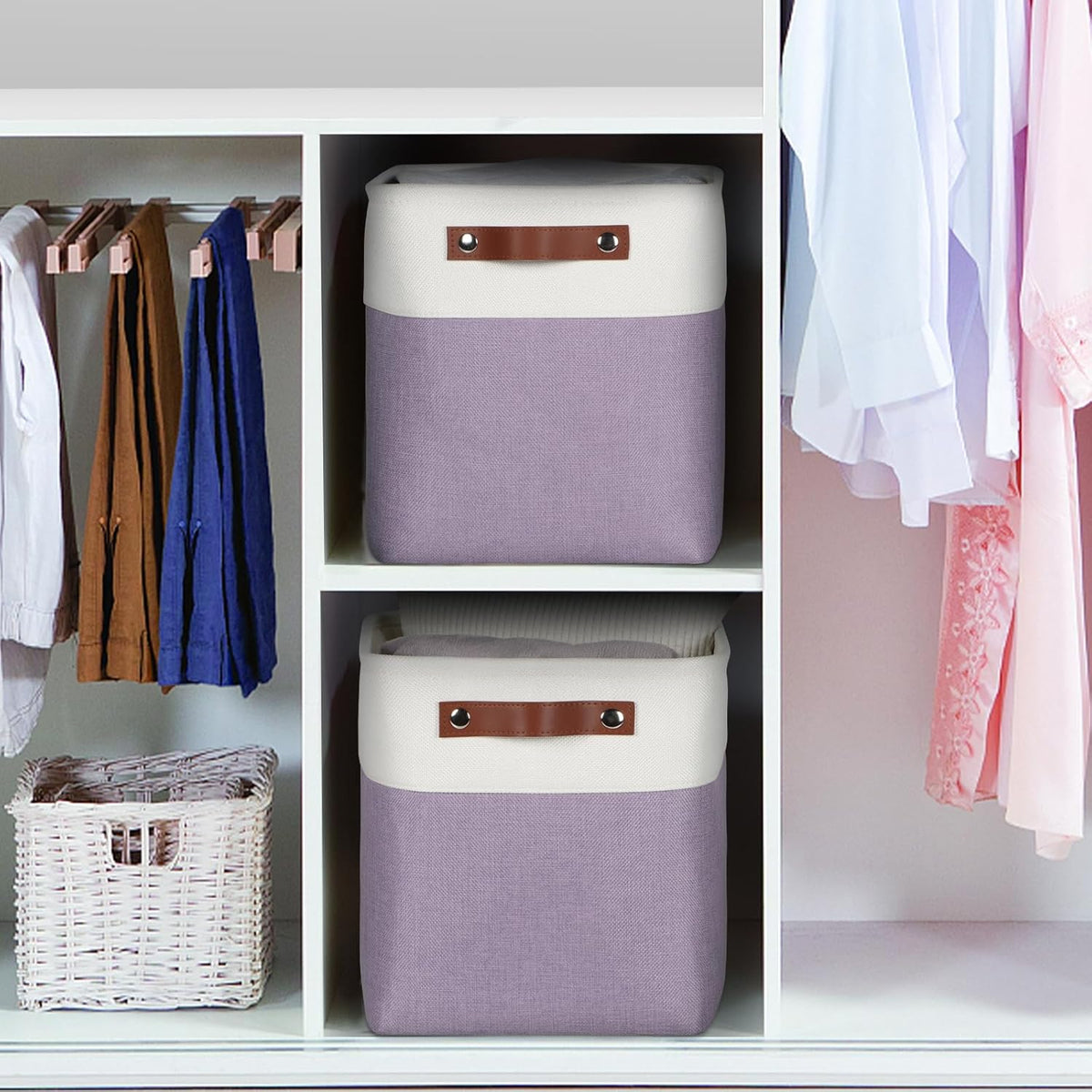 Univivi 10.5 Inch Fabric Cube Bins with Hard Bottom, 4 Pack Storage Baskets with PU Handles for