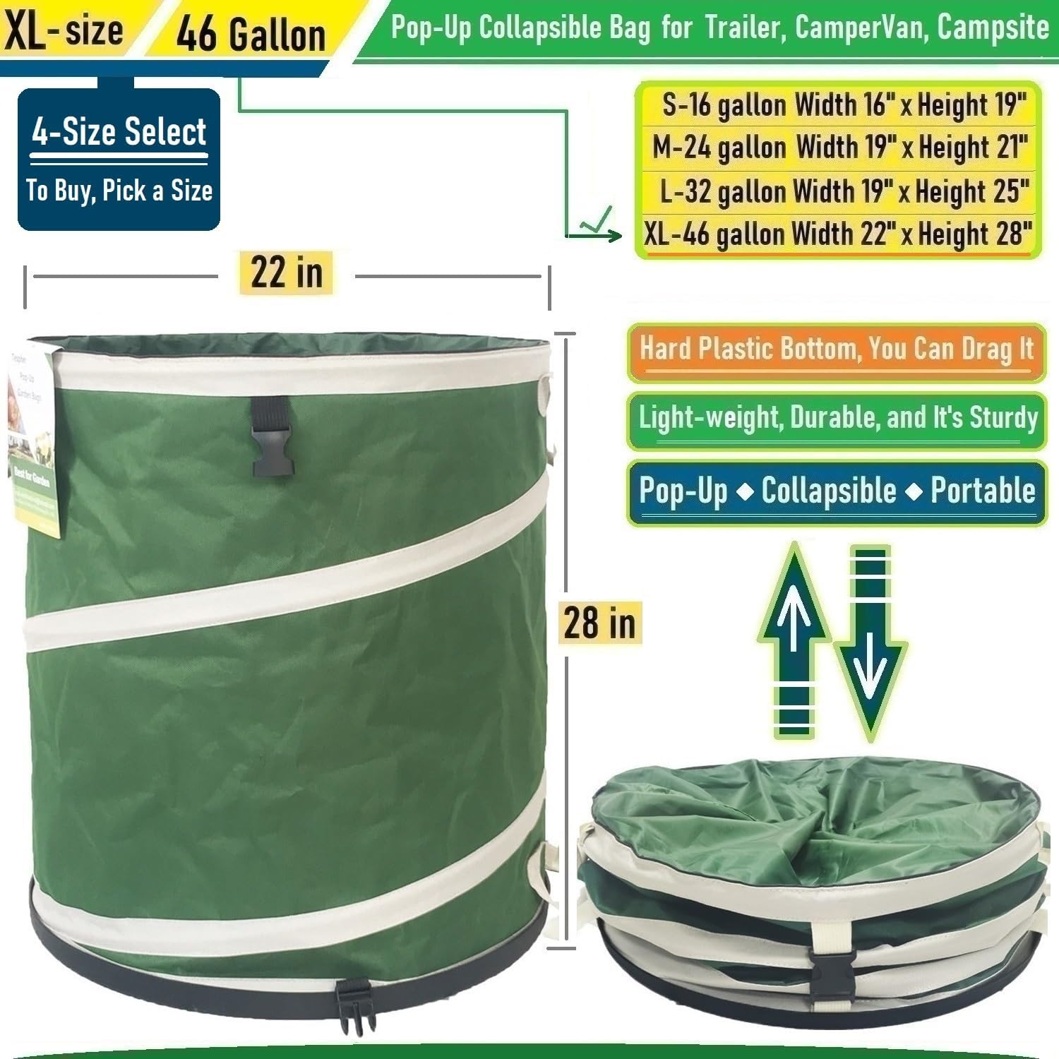 46-Gallon Collapsible Trash Can (22x28 in) Hard-Shell Bottom Yard Garden Bag for Yard Waste,Debris