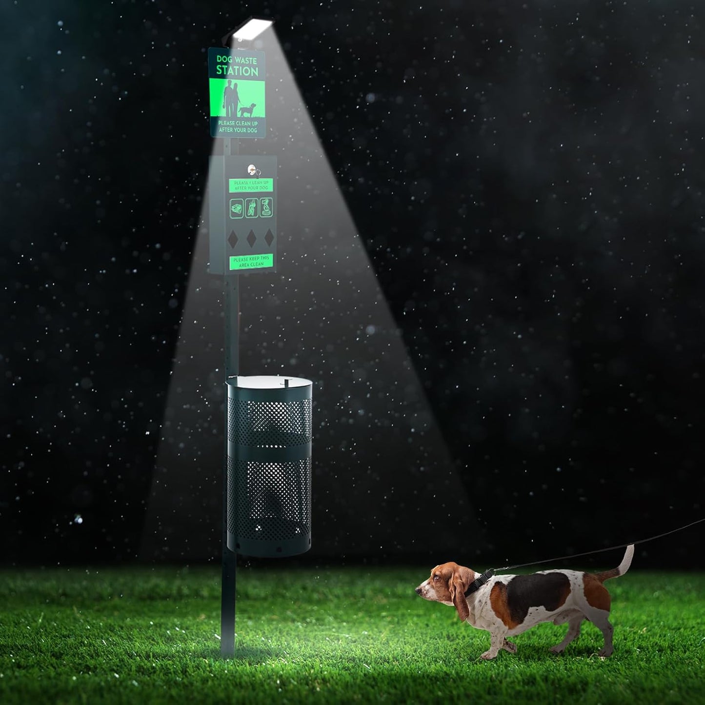 Dog Waste Station with Solar Panels Outdoor LED Galvanized Steel Dog Trash Bin with Poop Bag