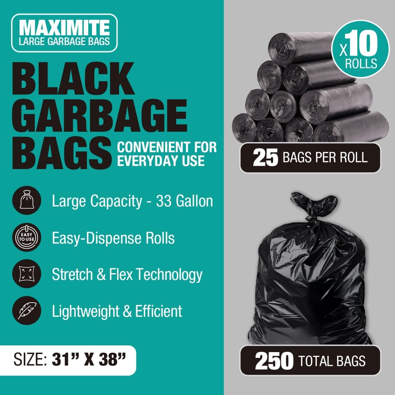 32-33 Gallon Black Trash Bags, Heavy-Duty | 32” x 38” | 250 Count Bulk Pack | Large, Durable &