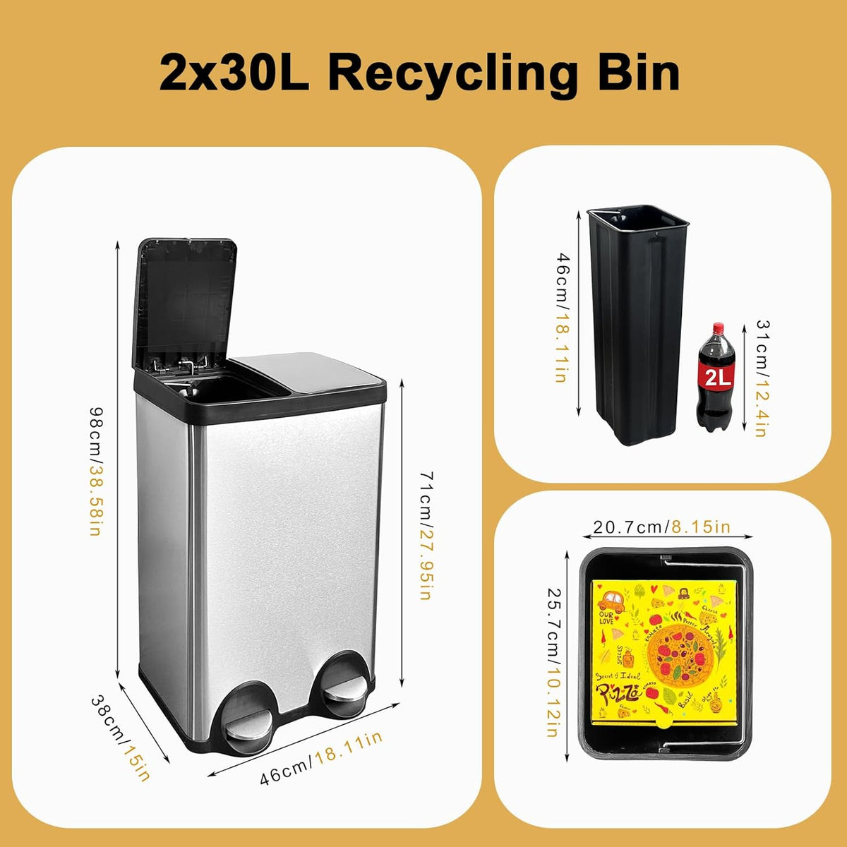 Dual Trash Can, 60 Liter/16 Gallon Dual Bin Trash Can with Lids, Trash and Recycling Bin Combo